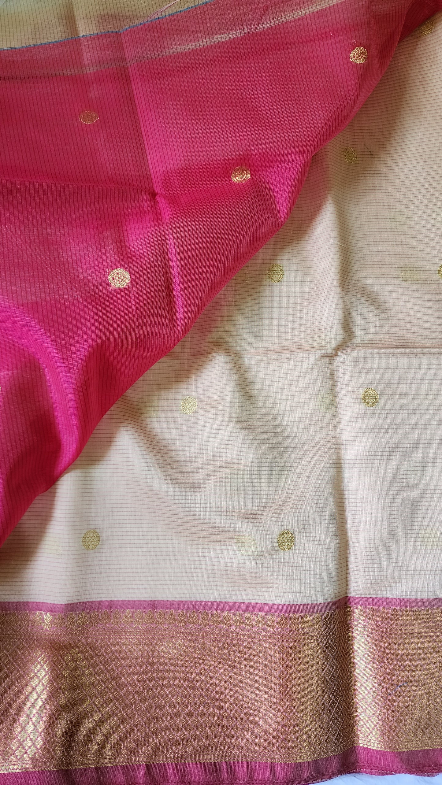 Off white and pink semi maheshwari saree