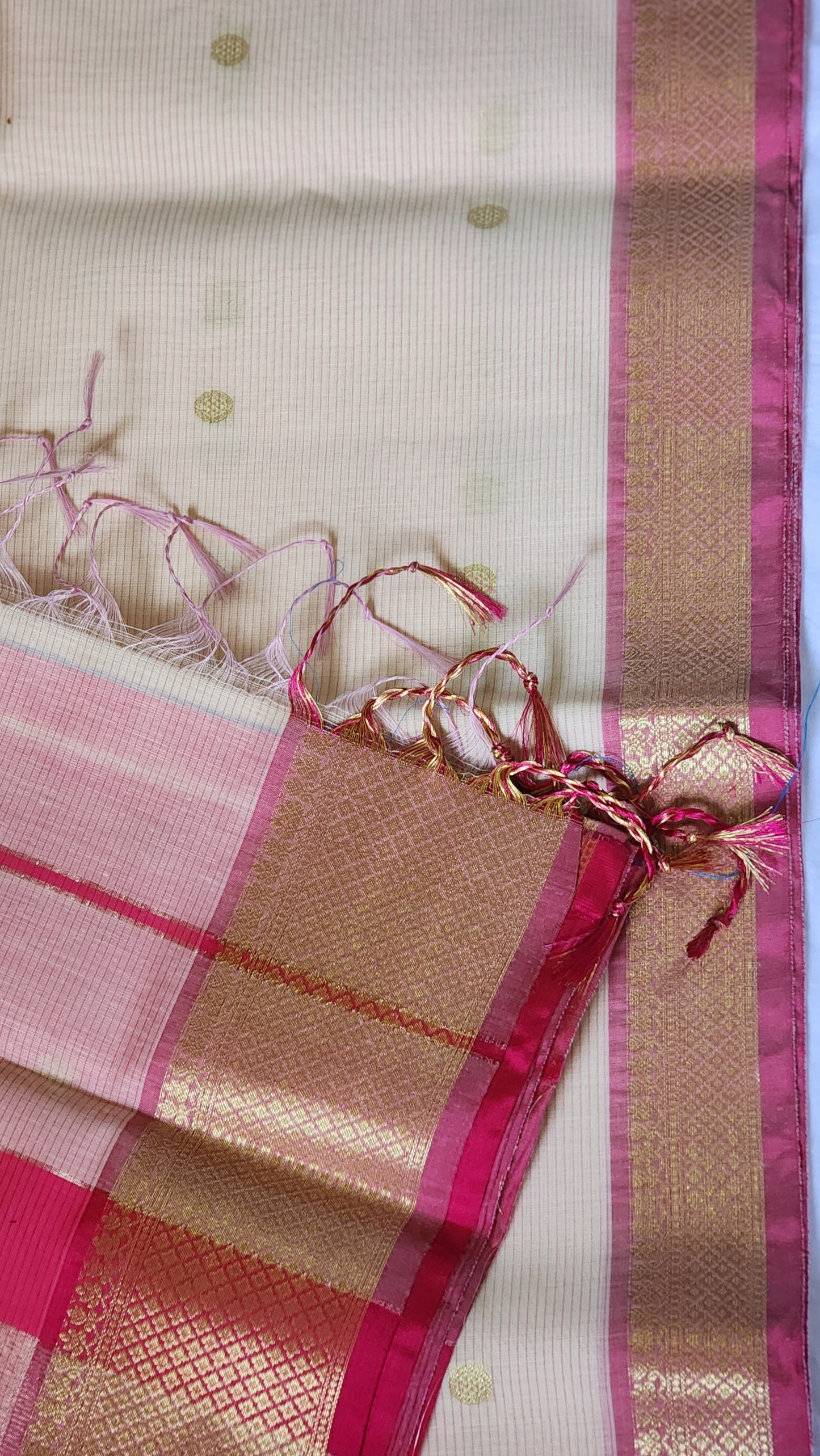 Off white and pink semi maheshwari saree