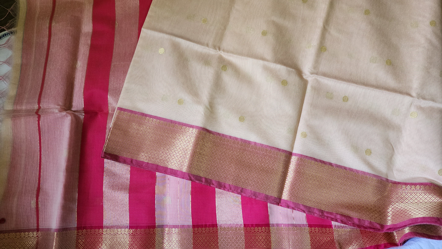 Off white and pink semi maheshwari saree