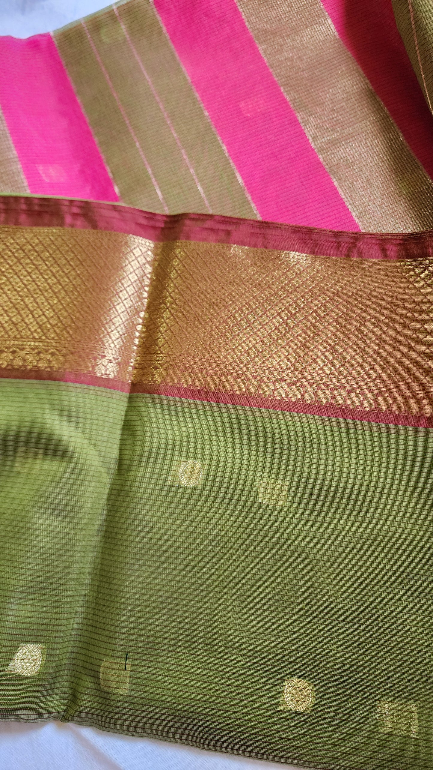 Olive green and pink Semi Maheshwari Saree