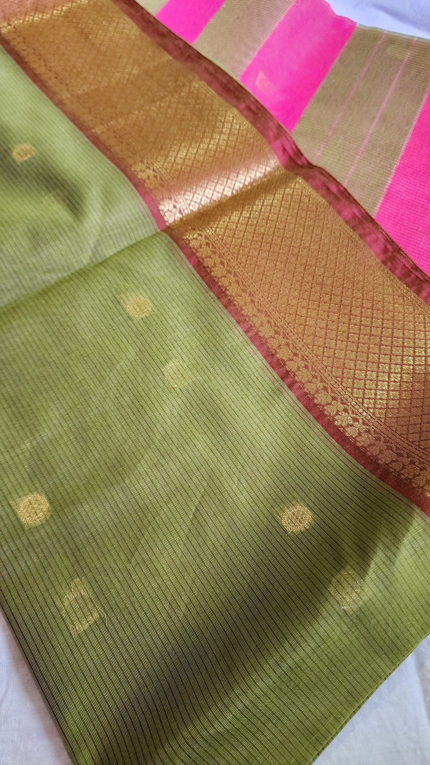 Olive green and pink Semi Maheshwari Saree