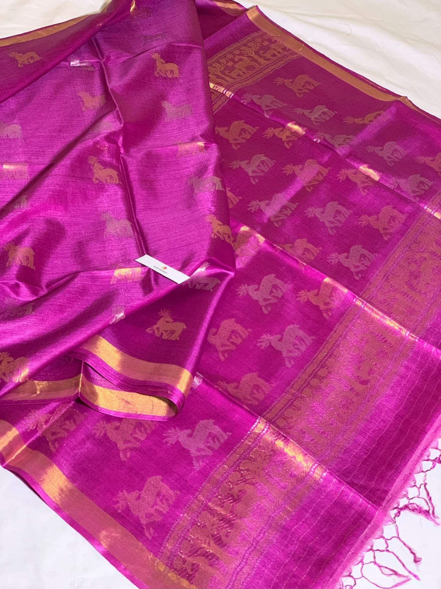 Woven Deer motifs Magenta Tussar Silk Saree