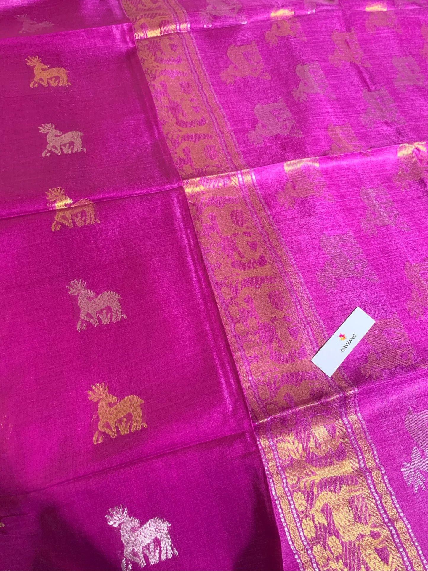 Woven Deer motifs Magenta Tussar Silk Saree