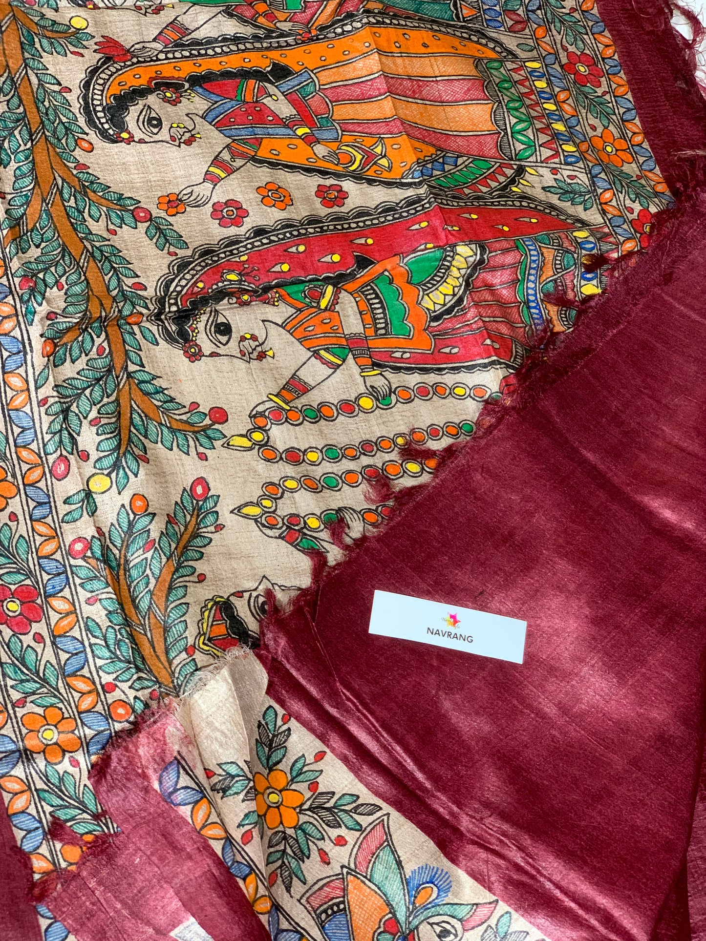 Handpainted Madhubani Tussar Silk Saree Varmala theme