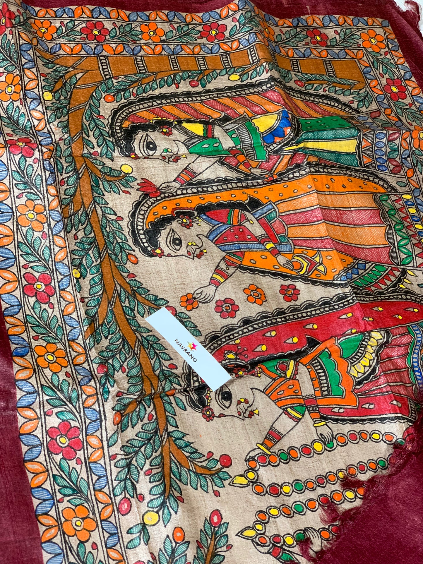 Handpainted Madhubani Tussar Silk Saree Varmala theme