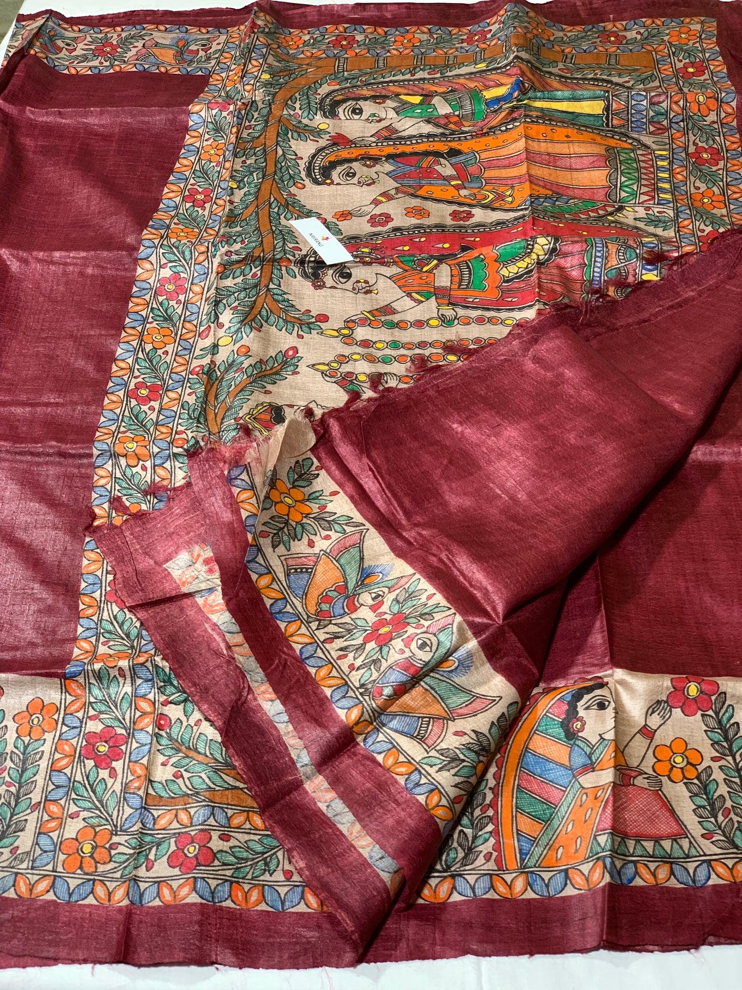 Handpainted Madhubani Tussar Silk Saree Varmala theme