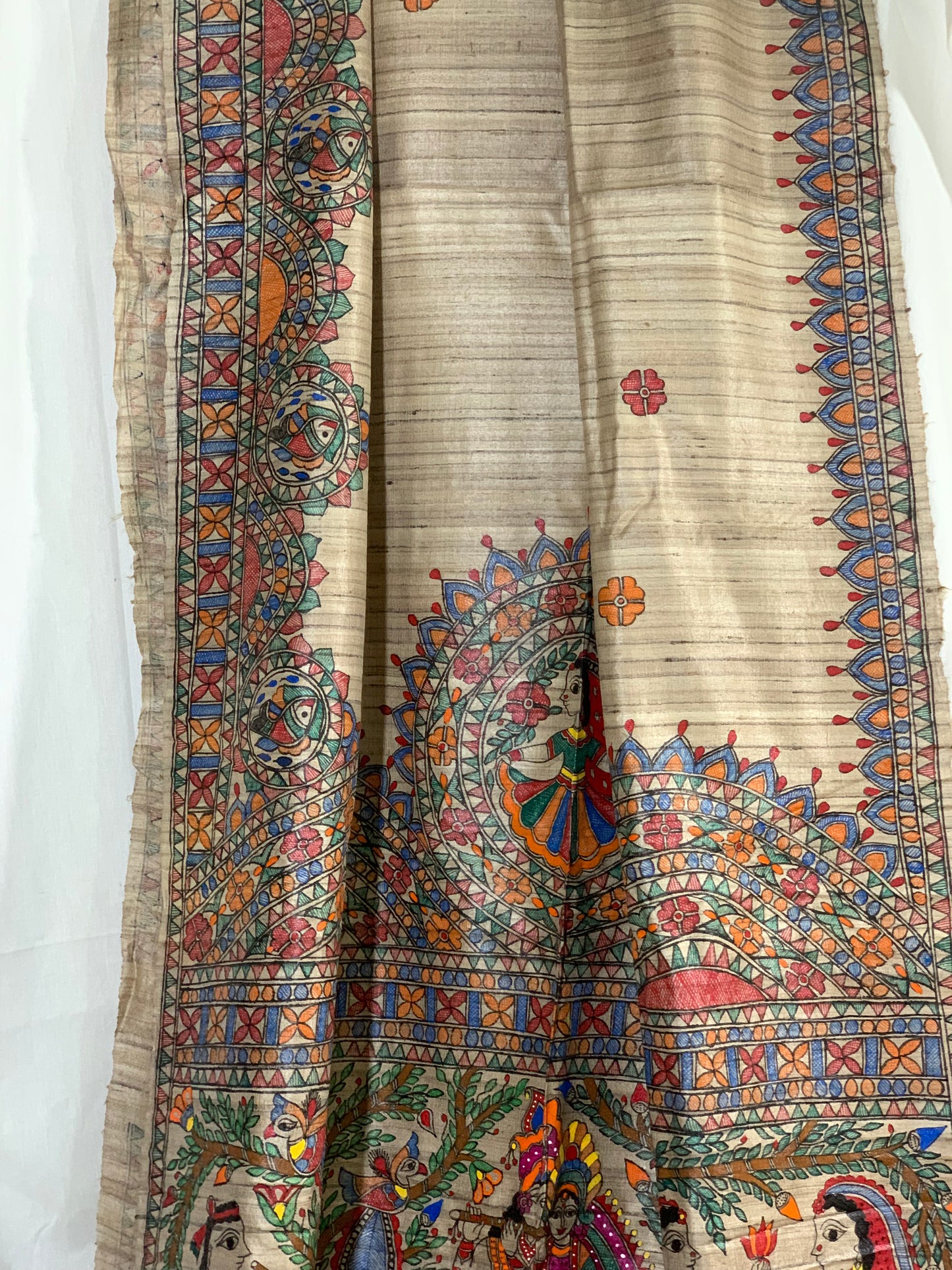 Handpainted Madhubani Tussar Ghicha Silk Saree wit Radha Krishna theme