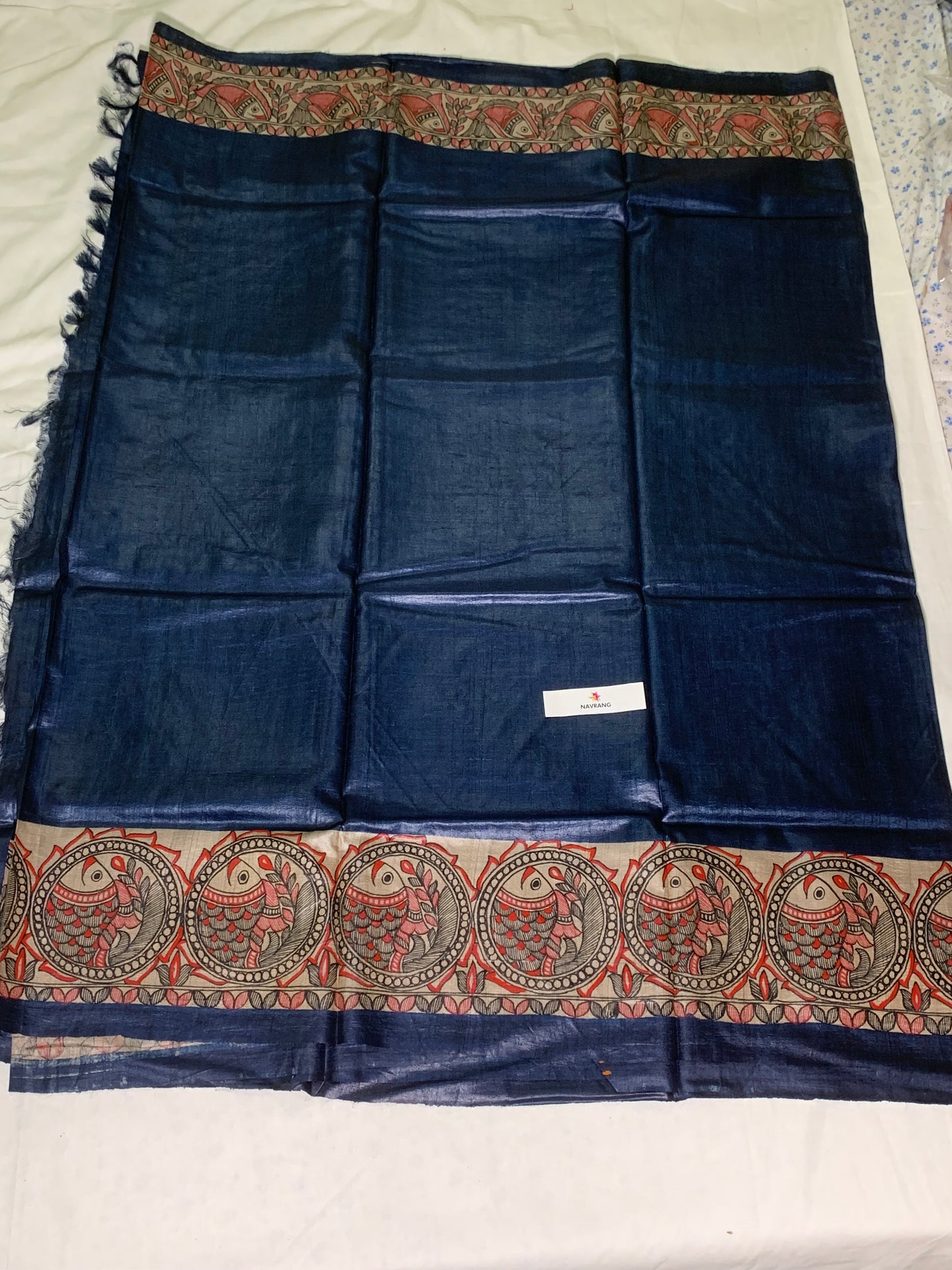 Handpainted Madhubani Tussar silk Saree with Fish border