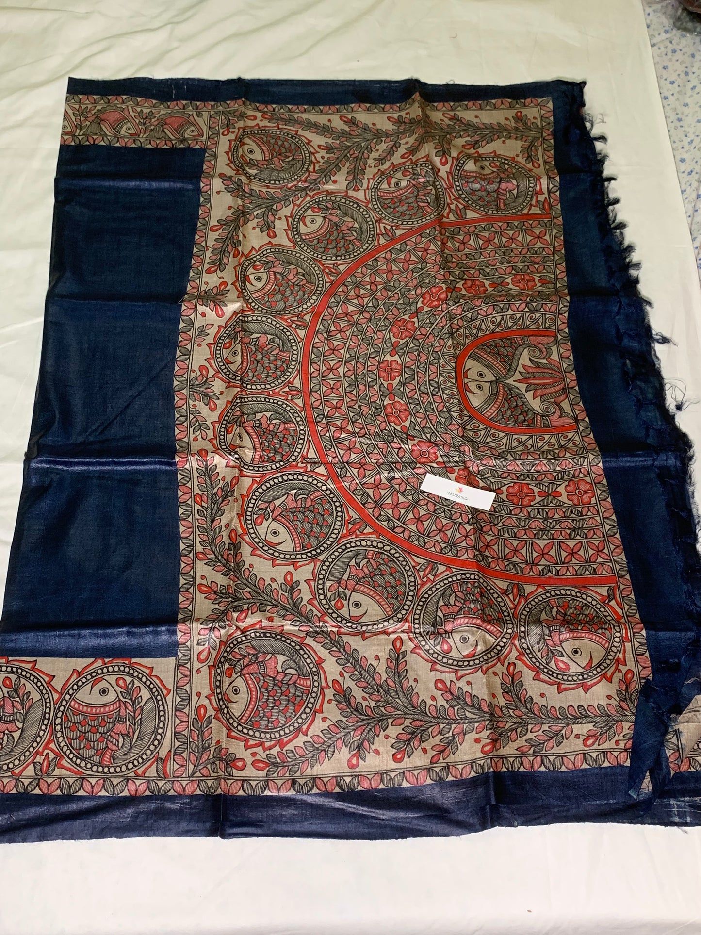 Handpainted Madhubani Tussar silk Saree with Fish border