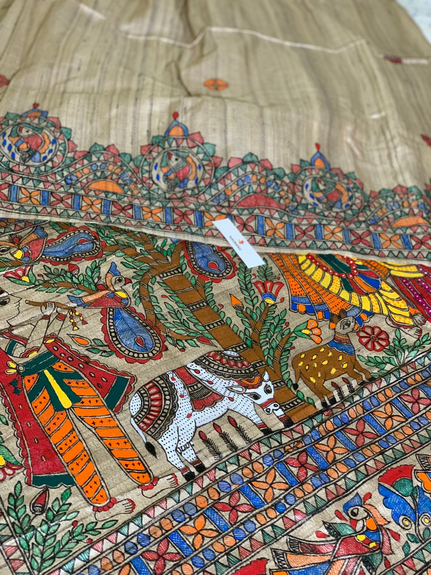 Handpainted Madhubani Tussar Ghicha Silk Saree wit Radha Krishna theme