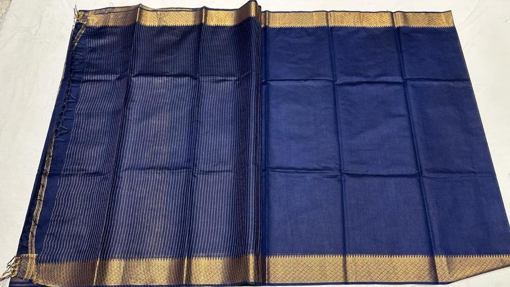 Blue Plain Tussar Saree with zari border