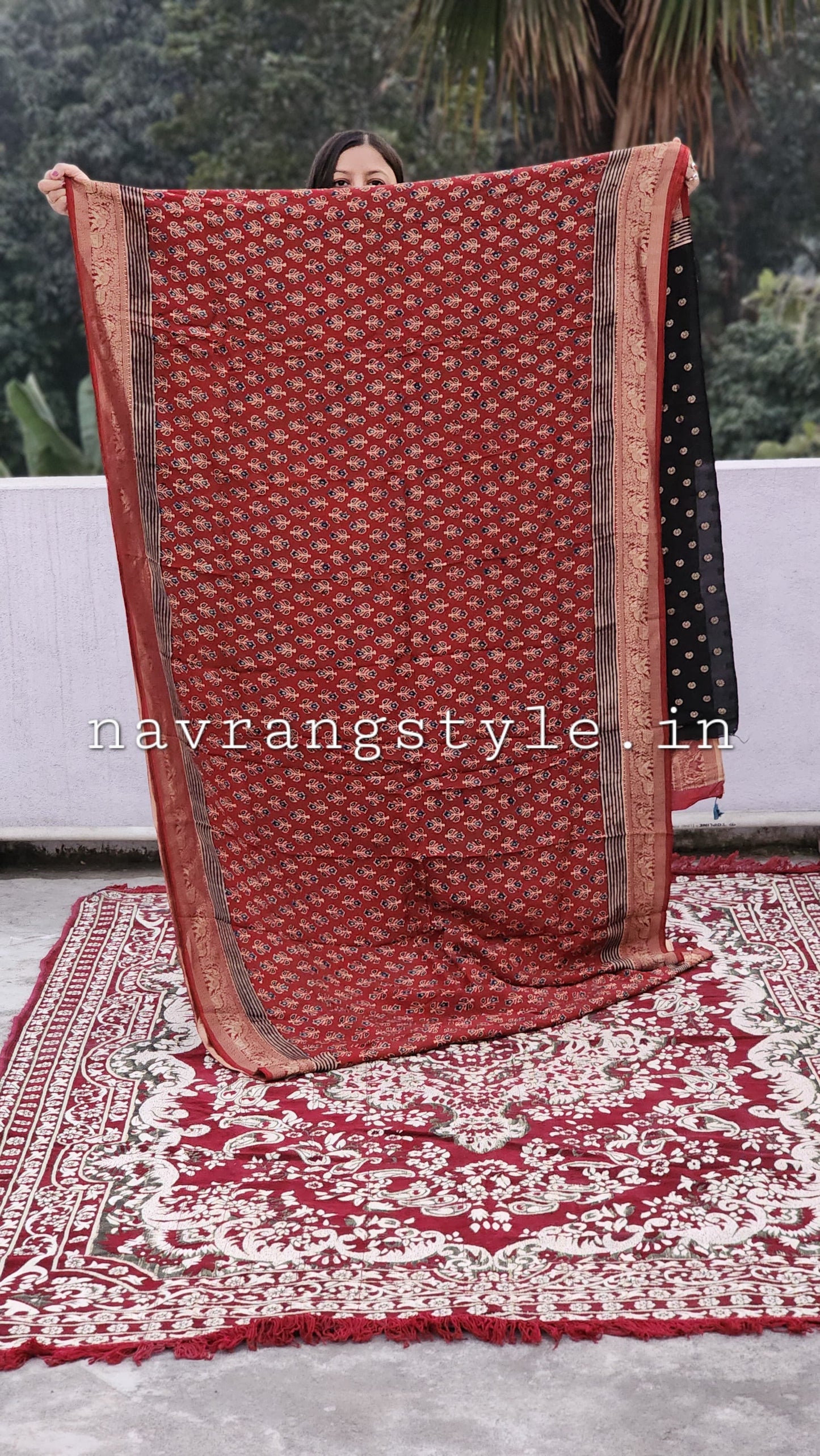 Bhavya- Handcrafted Ajrakh Dola Silk Saree