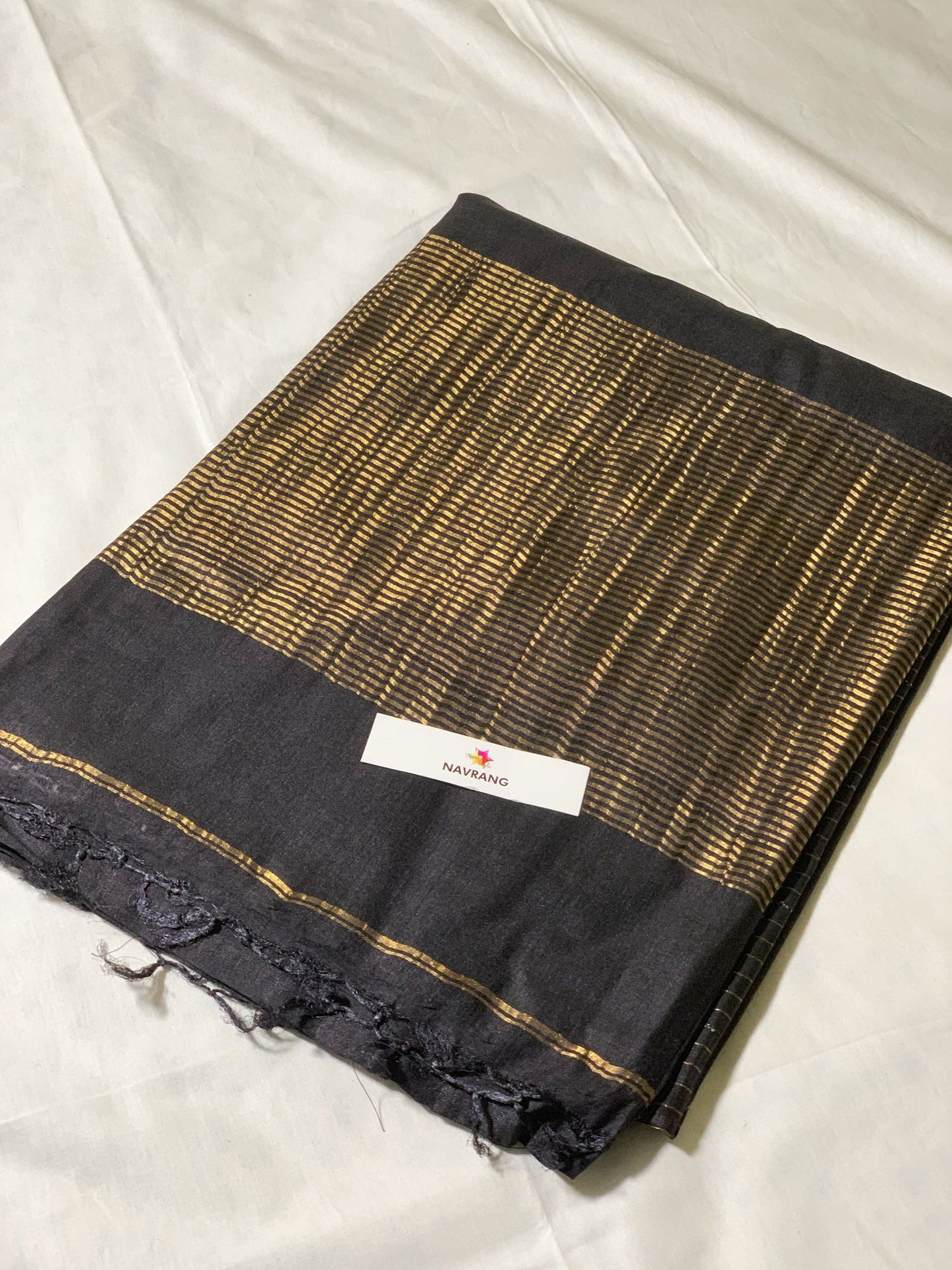 Black Tussar Silk Saree with Zari Stripes