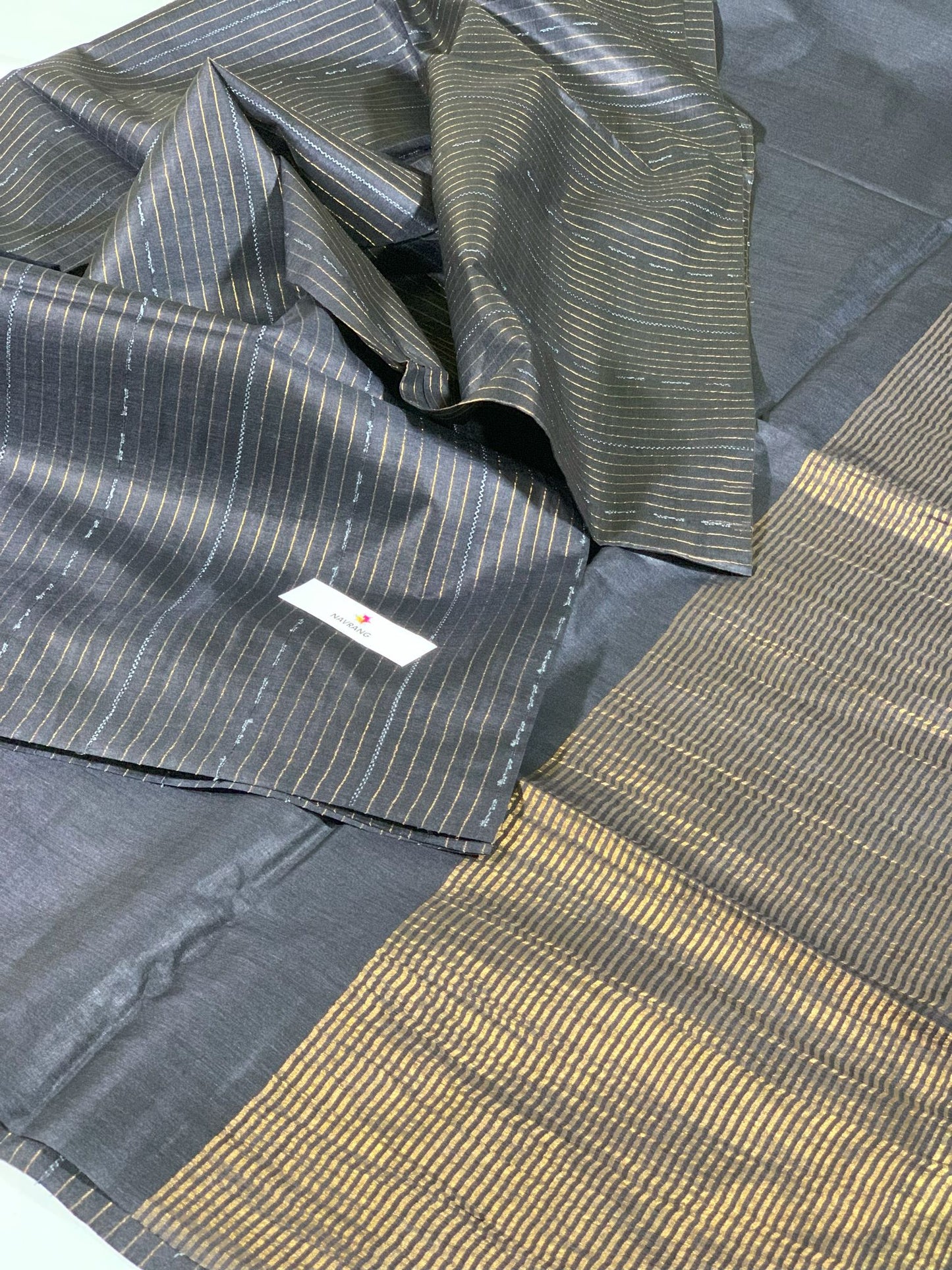 Black Tussar Silk Saree with Zari Stripes