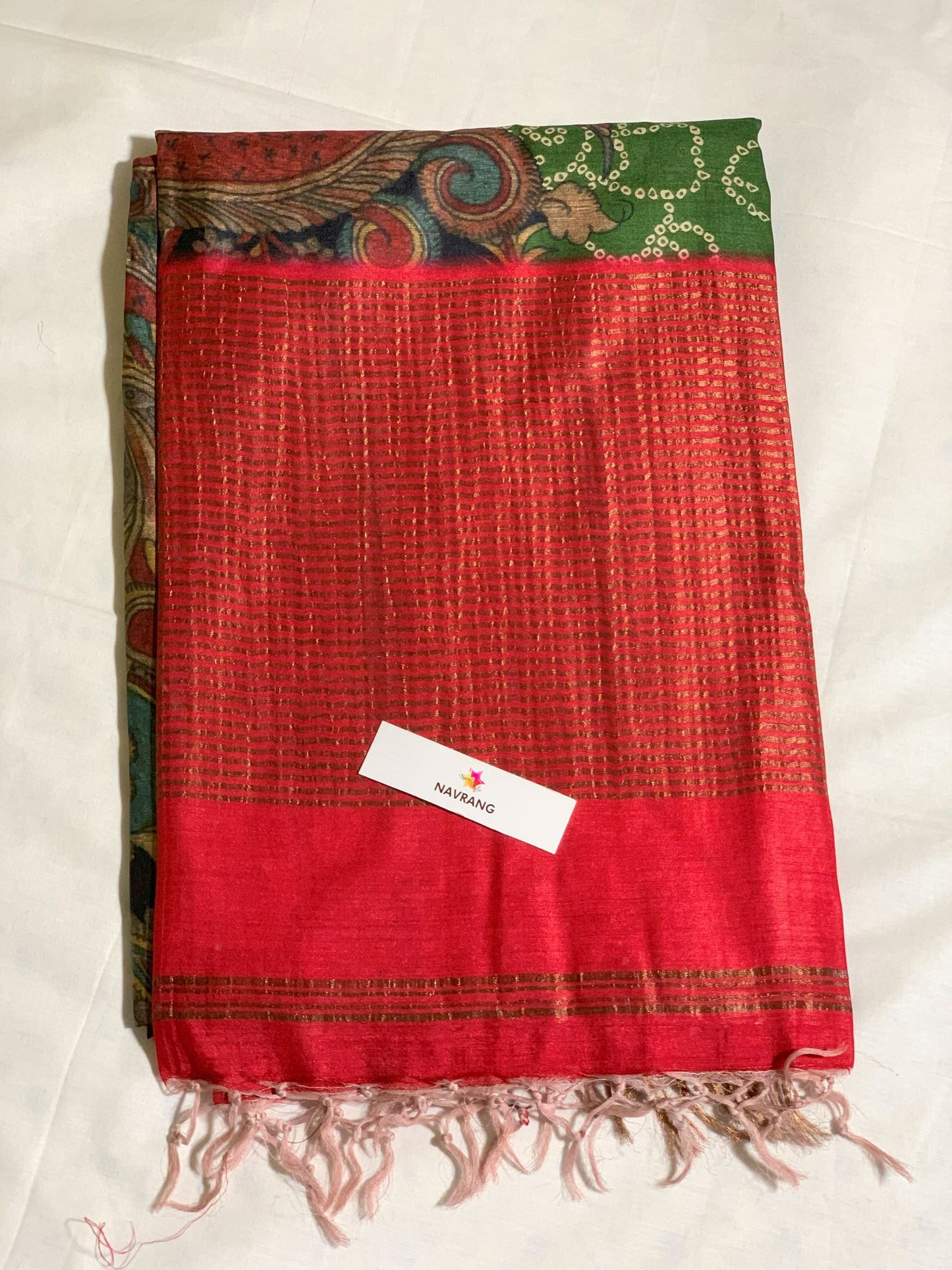 green Printed Tussar Silk Saree