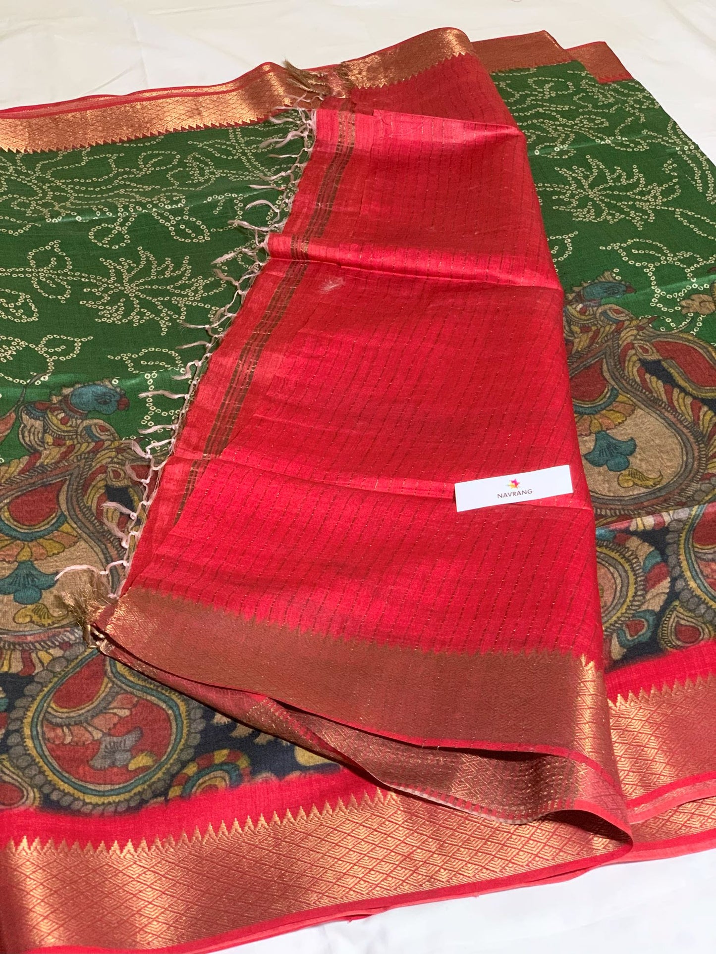 green Printed Tussar Silk Saree