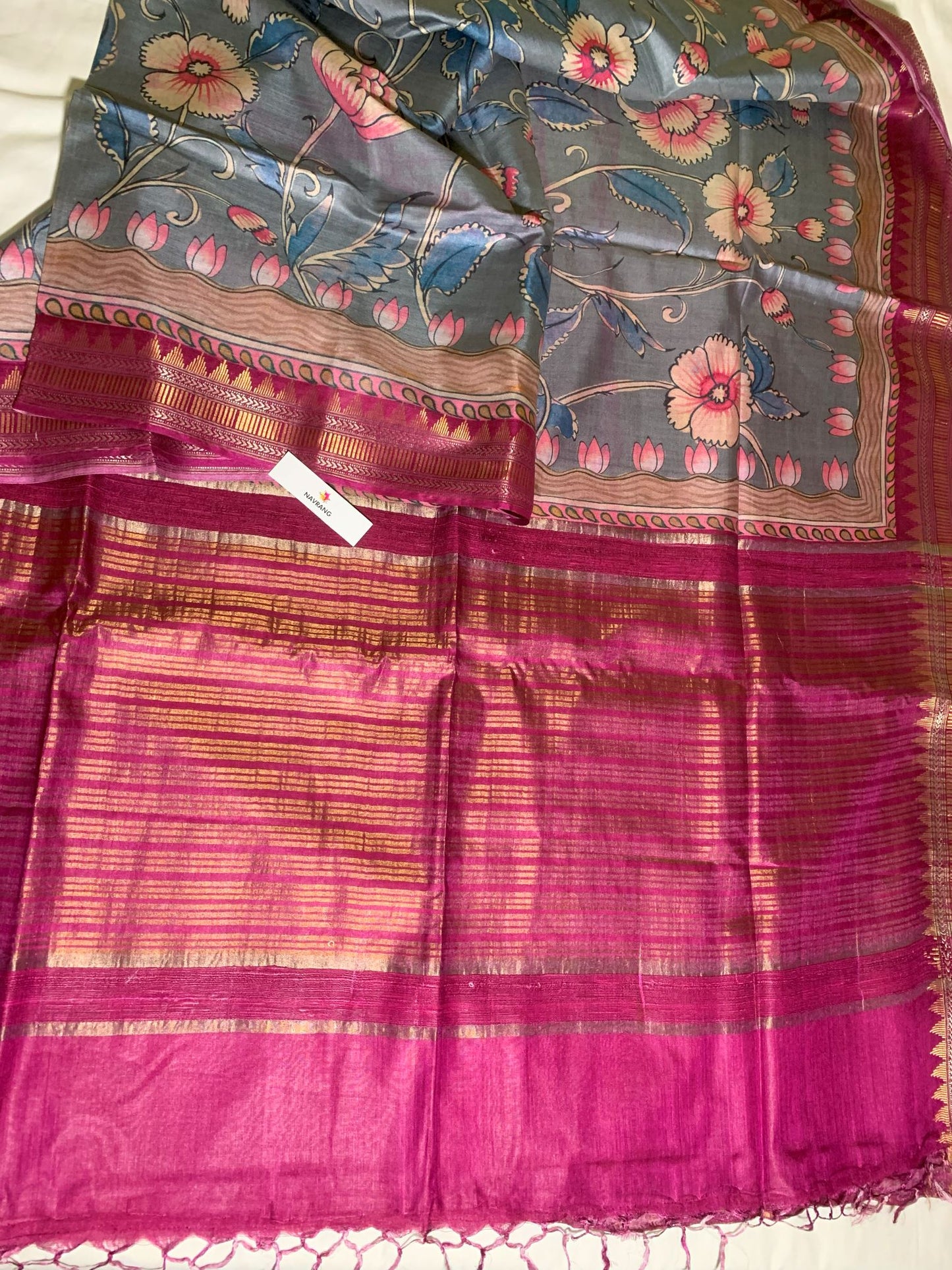Grey and Pink floral printed Tussar Silk Saree