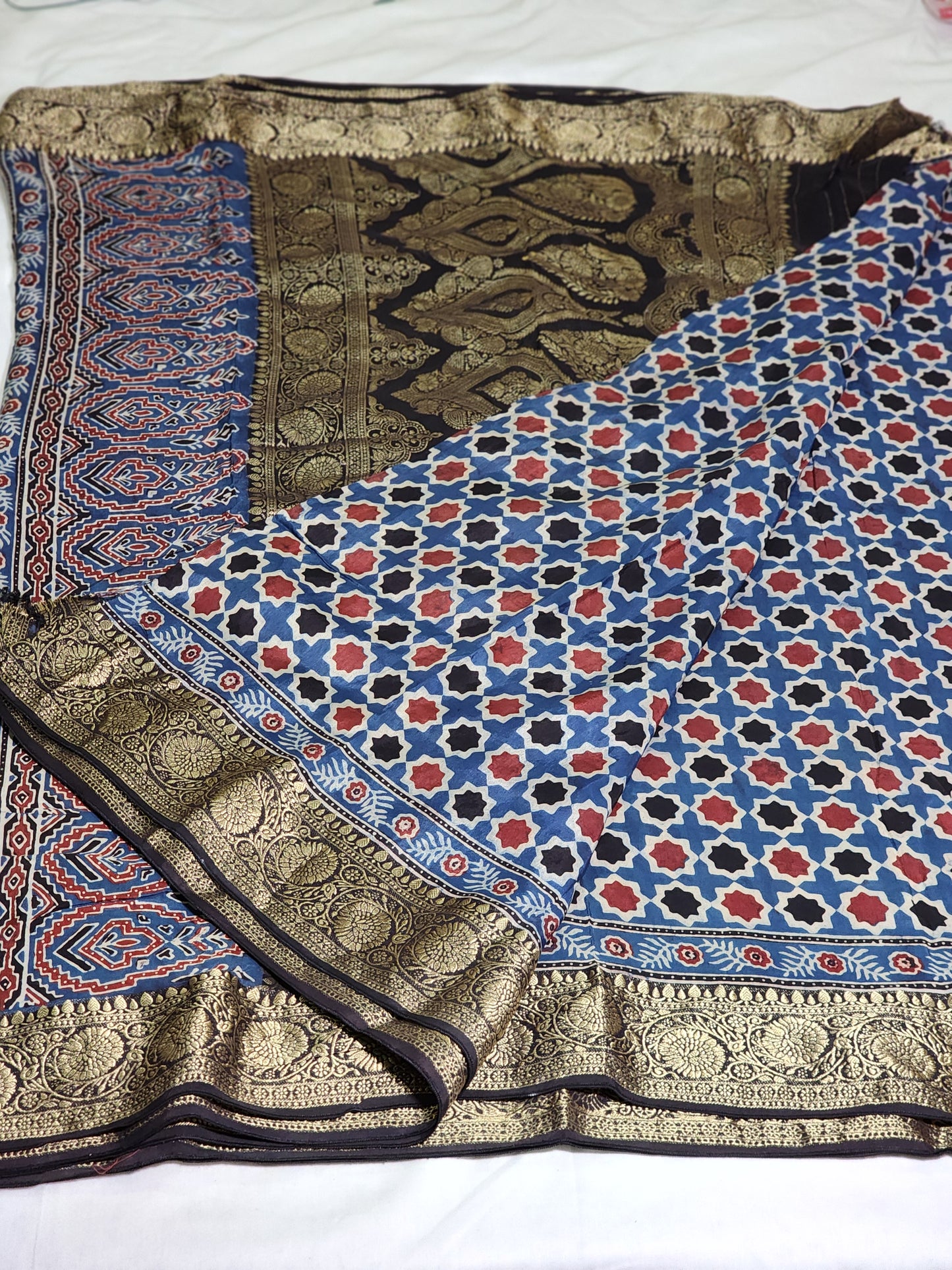 Zoya - Indigo base Ajrakh Dola silk Saree