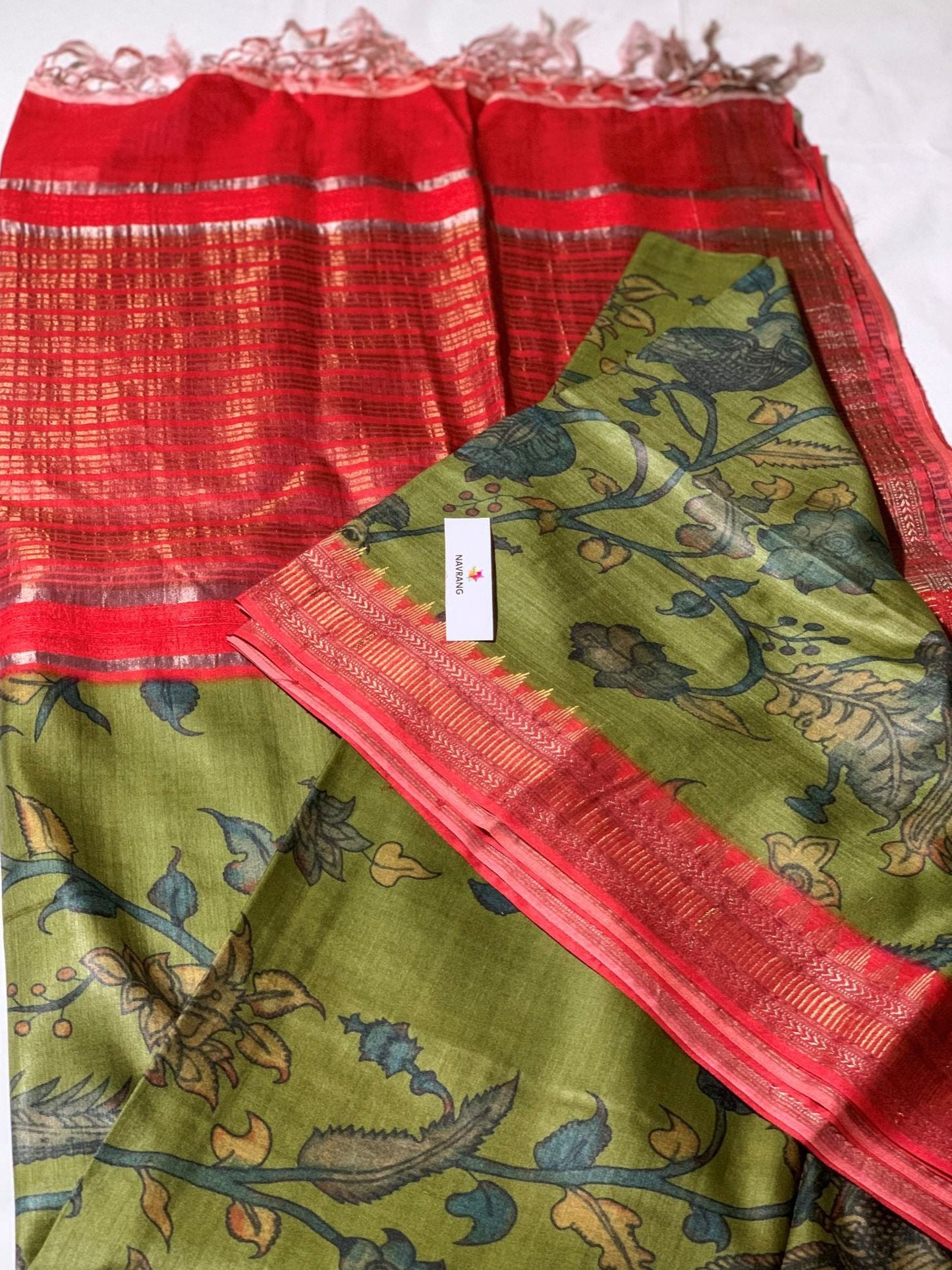 Green and red Printed Tussar silk Saree