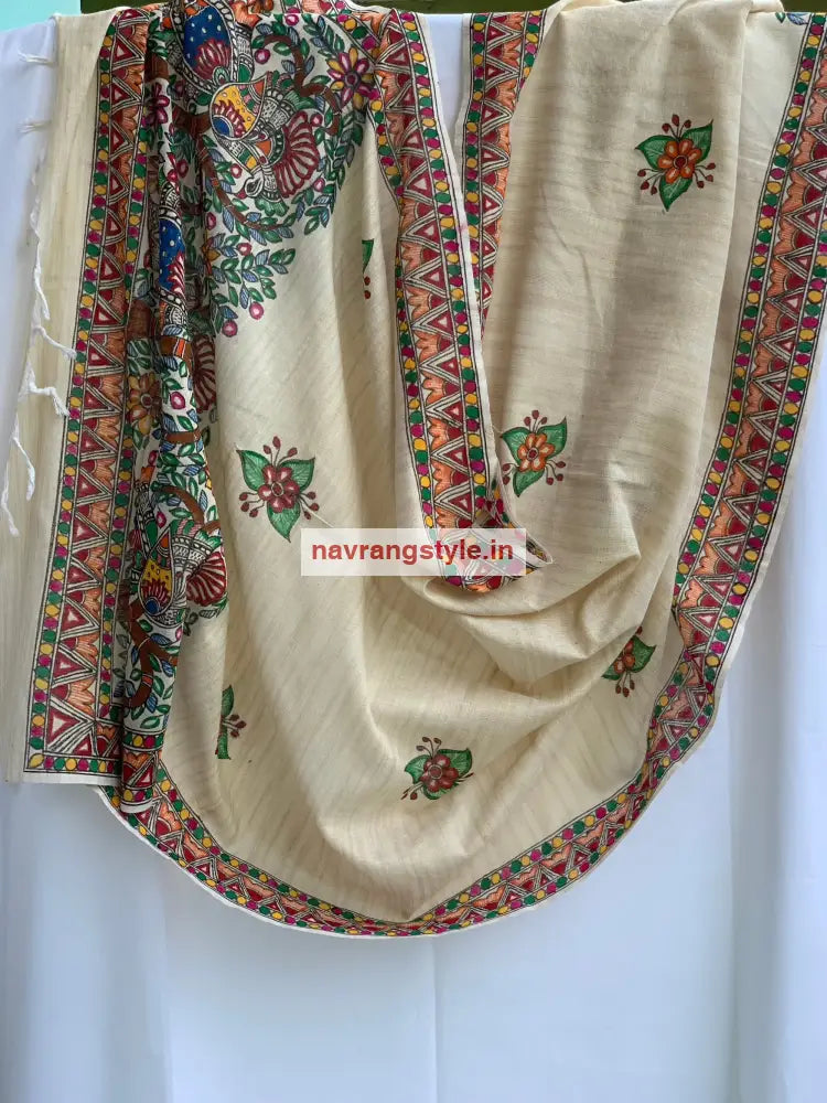 Morni-Madhubani Handpainted Cotton Dupatta