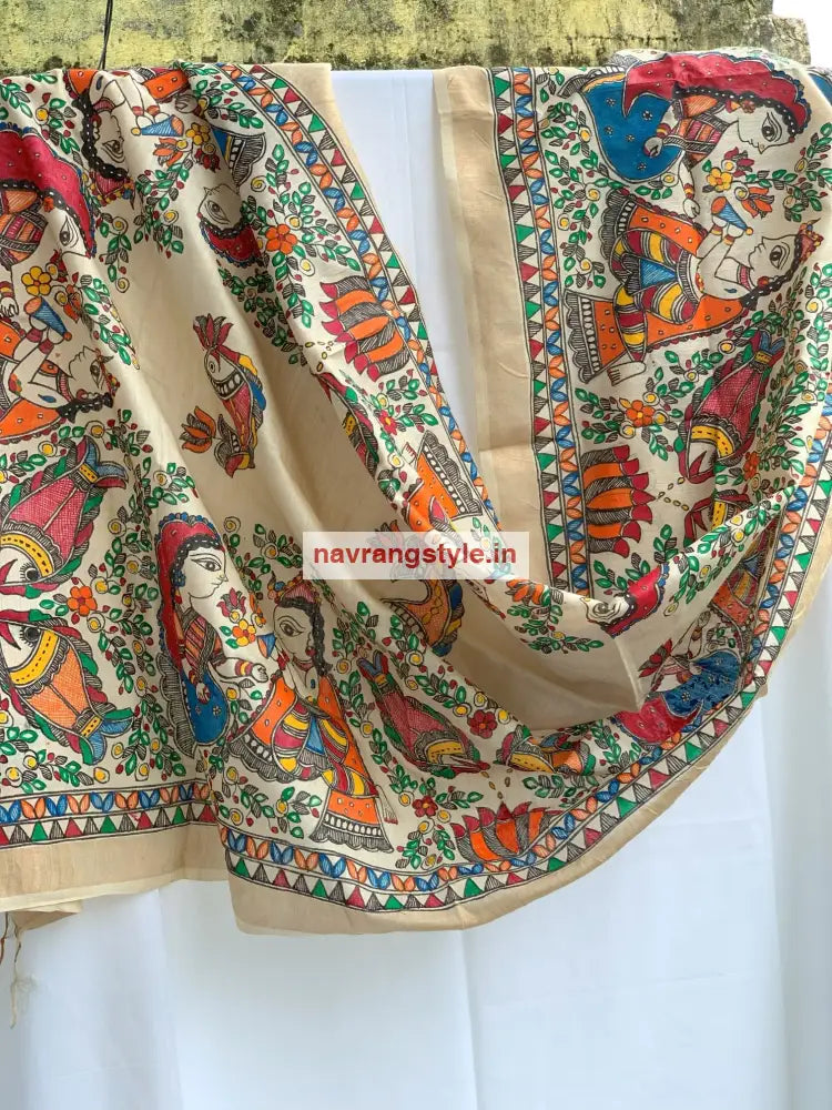 Prem - Madhubani Handpainted Silk Dupatta