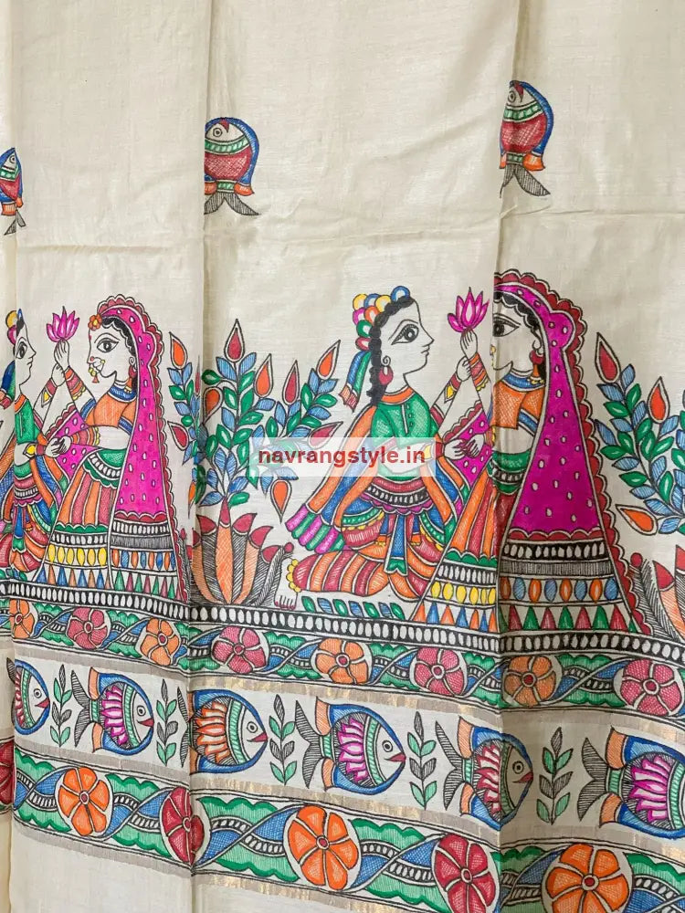 Radhakrishna - Madhubani Handpainted Silk Dupatta