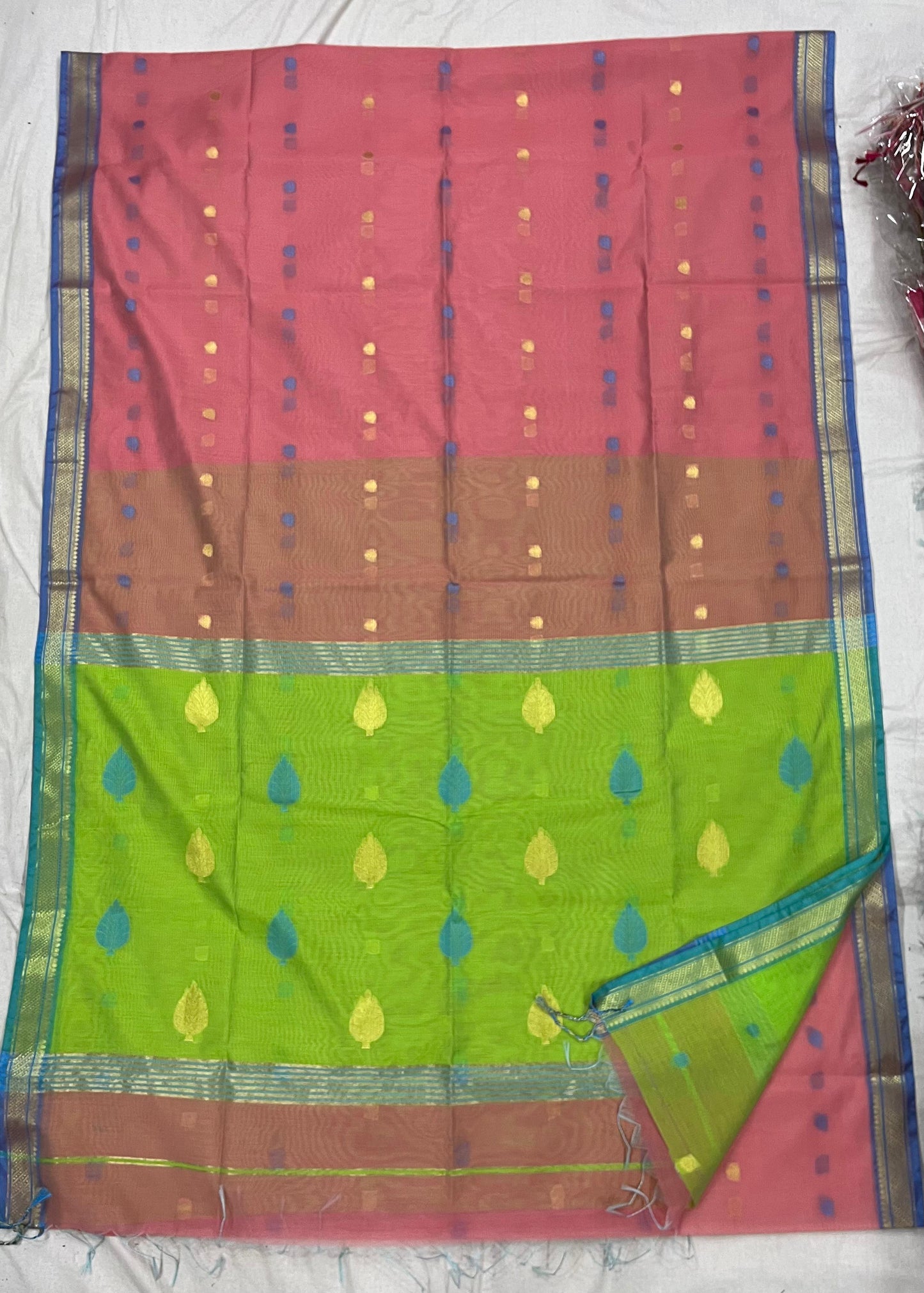 Baby pink and green Semi maheshwari with all over boota