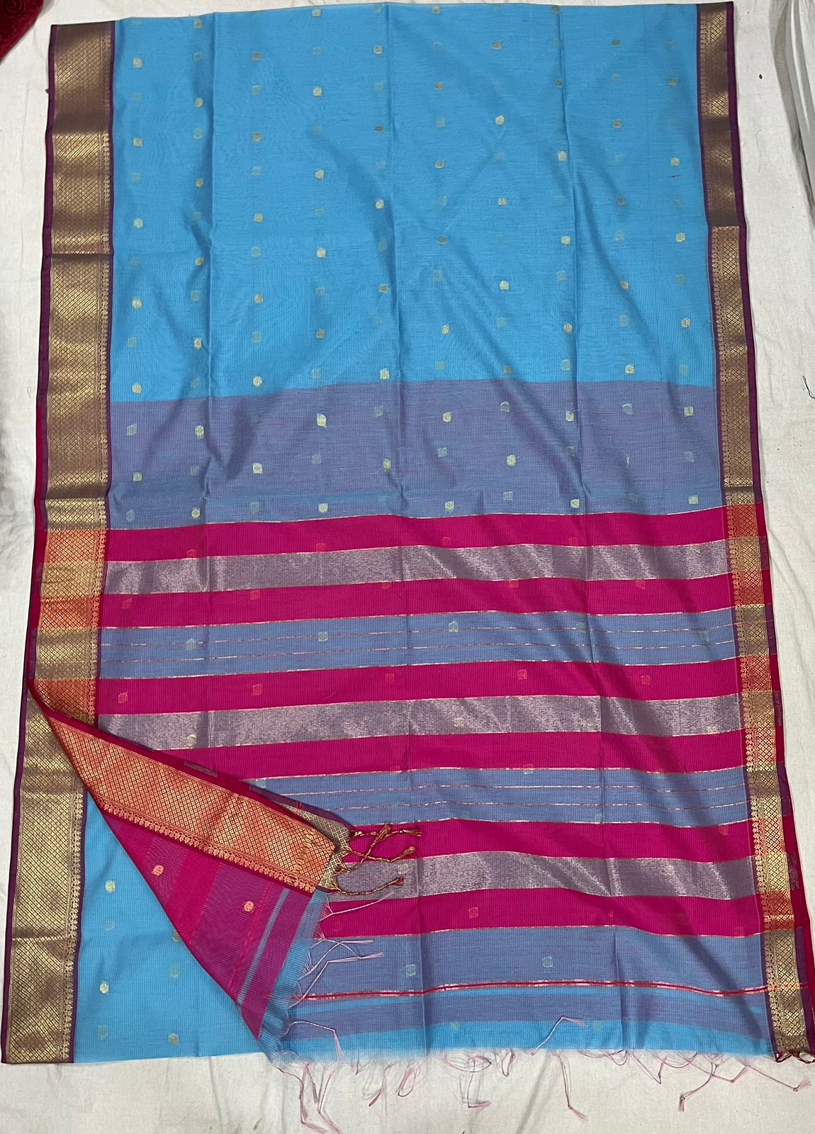 Light Blue and Pink Semi Maheshwari saree
