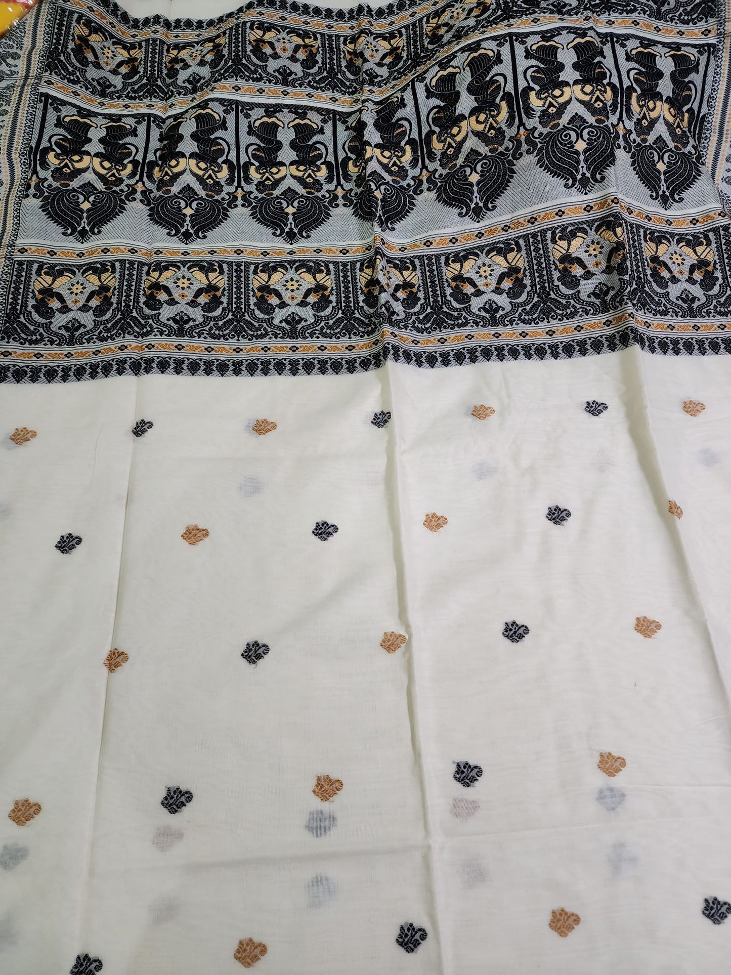 White and black cotton baluchari saree