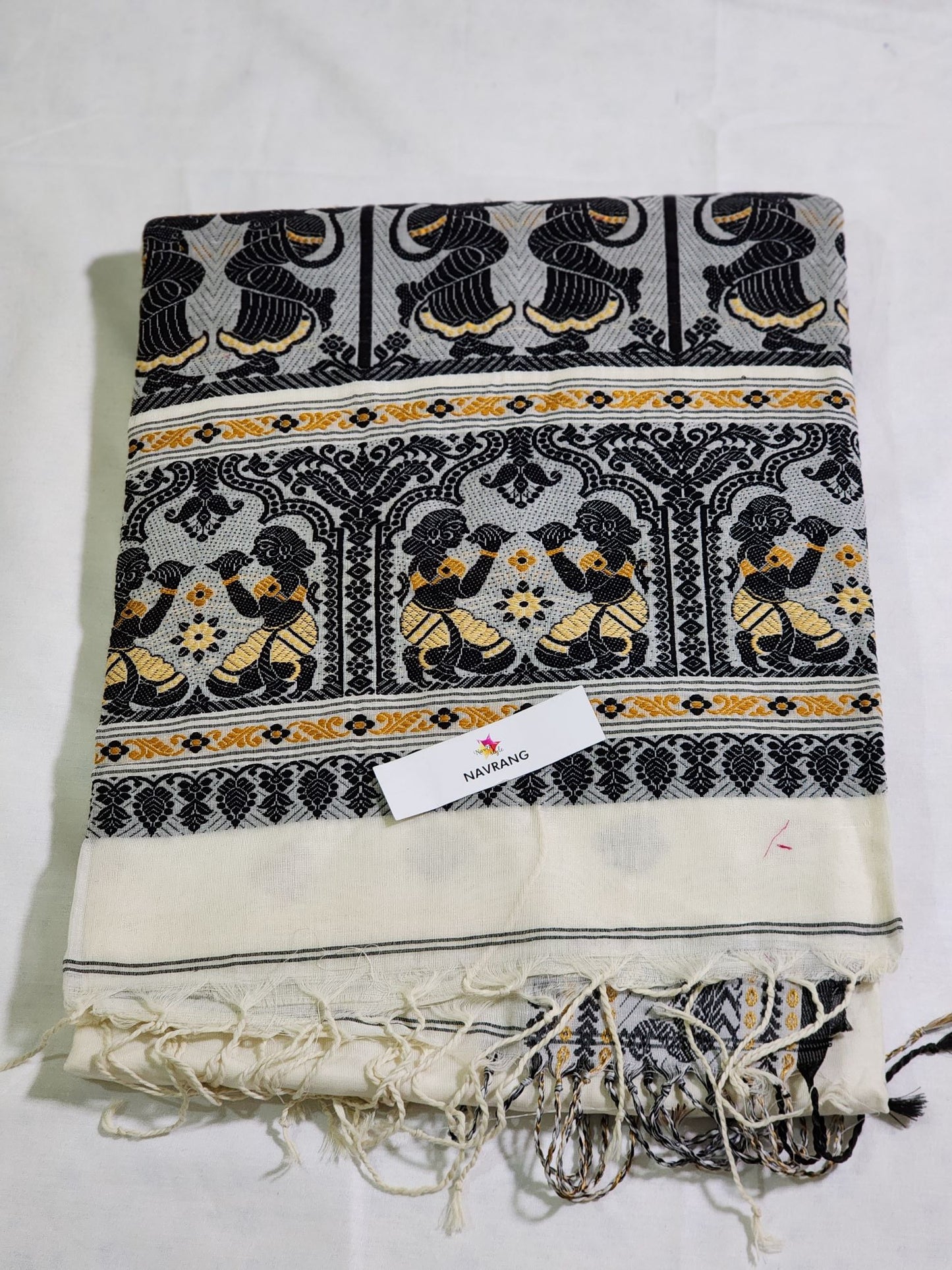 White and black cotton baluchari saree