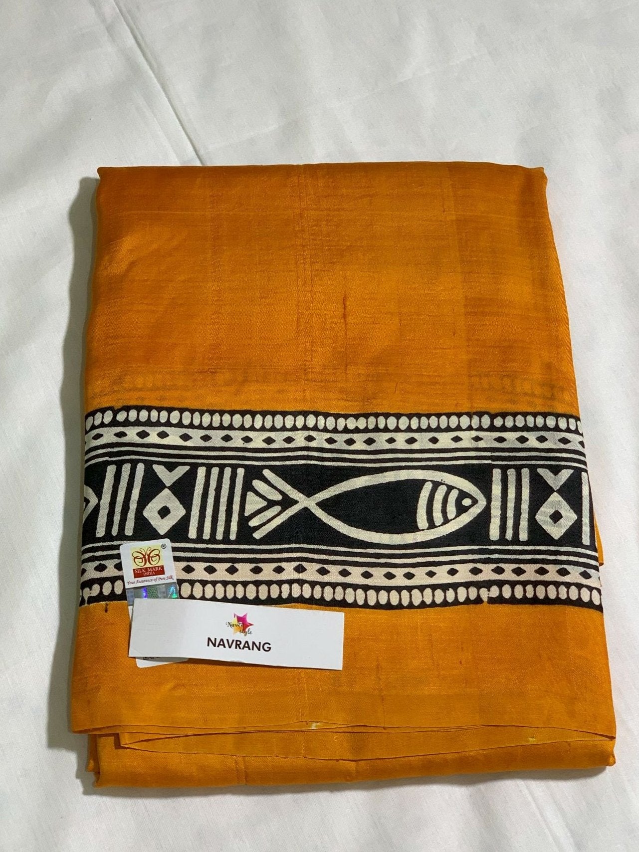 Golden orange Block printed Murshidabadi Silk Saree