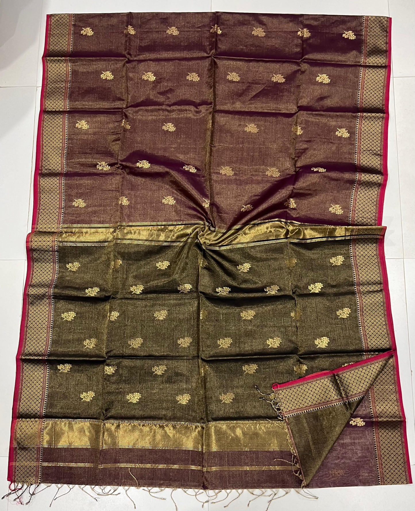 Brown Green Maheshwari Tissue silk saree
