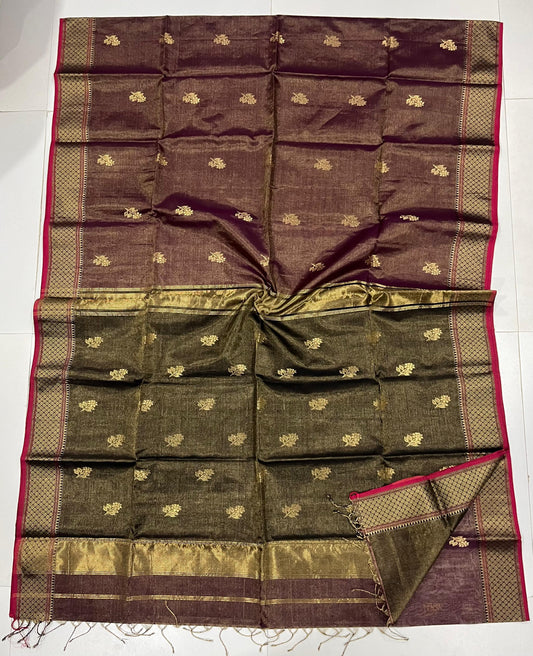 Brown Green Maheshwari Tissue silk saree