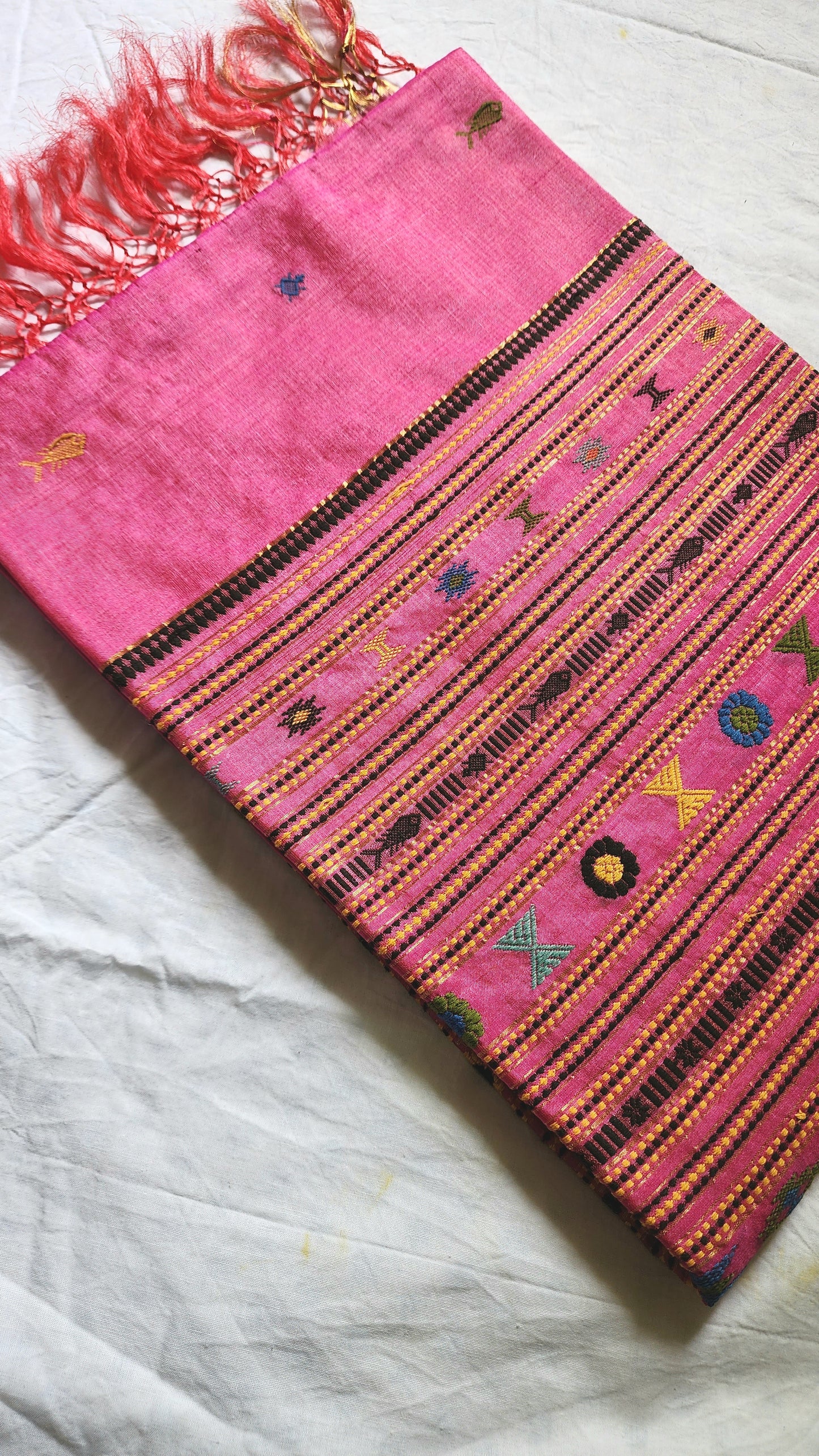 Woven Khapa Fish motif Tussar silk saree hot pink