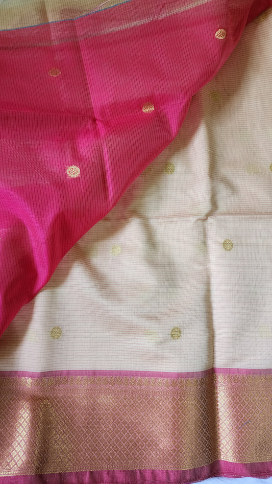 Off white and pink semi maheshwari saree
