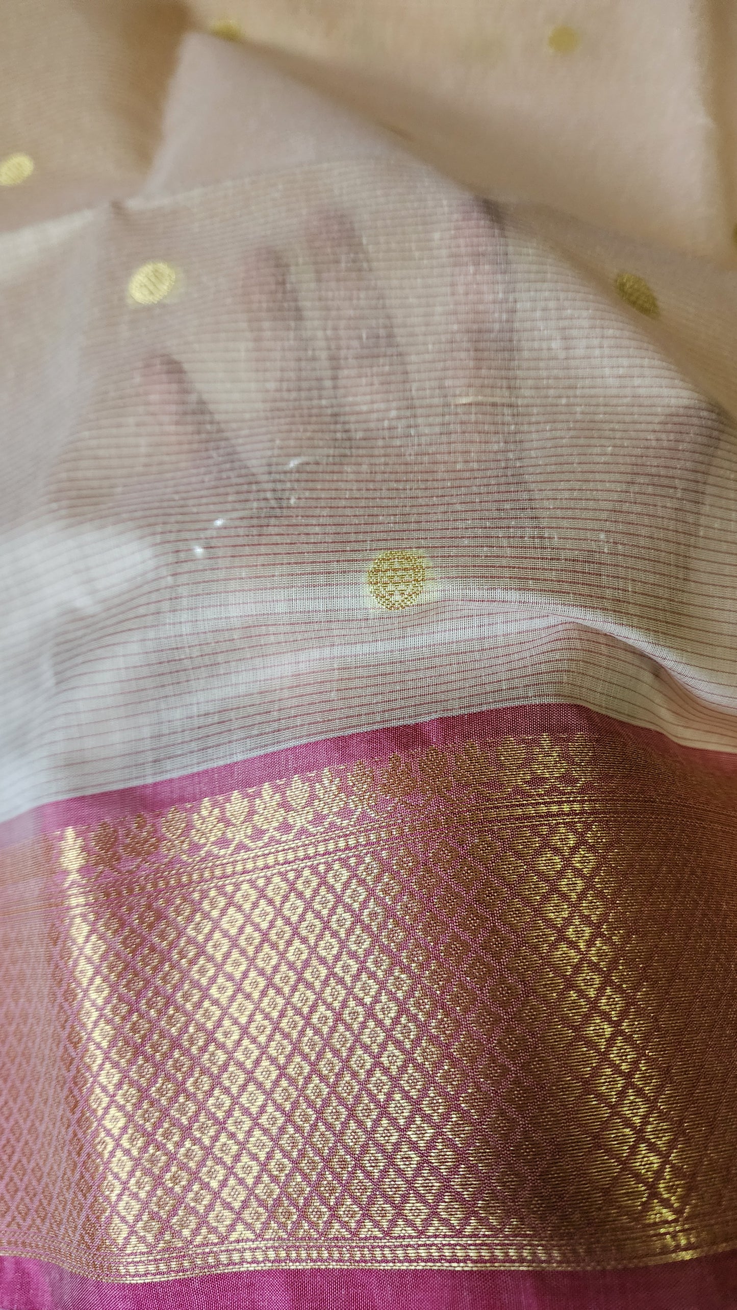 Off white and pink semi maheshwari saree