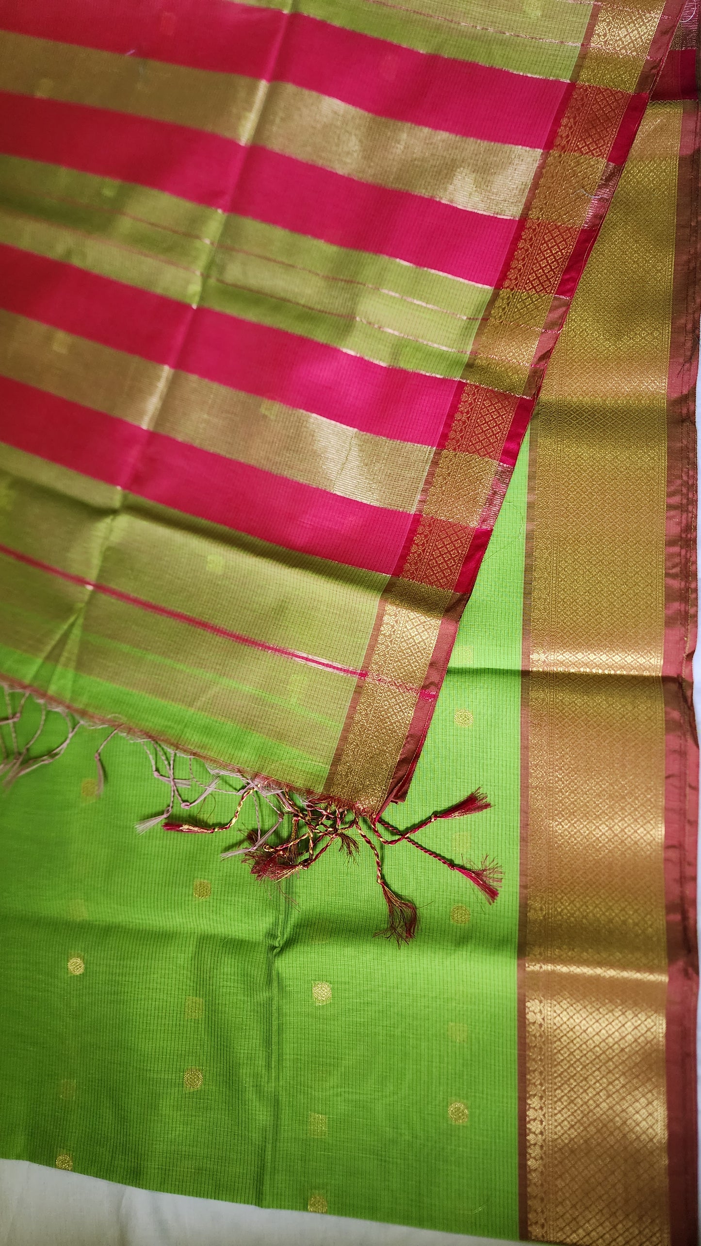 Green and pink semi Maheshwari saree