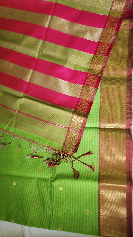 Green and pink semi Maheshwari saree