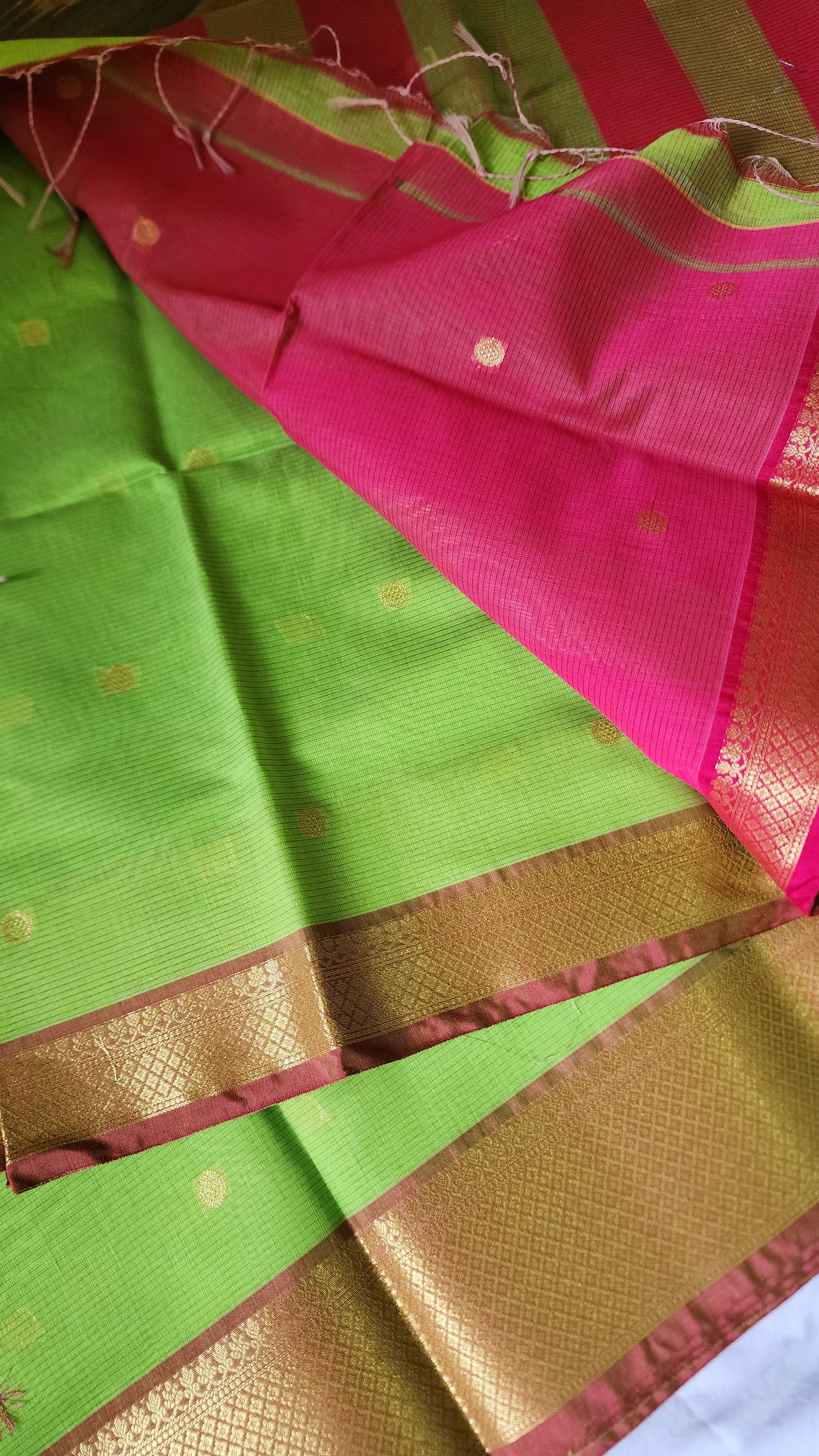 Green and pink semi Maheshwari saree