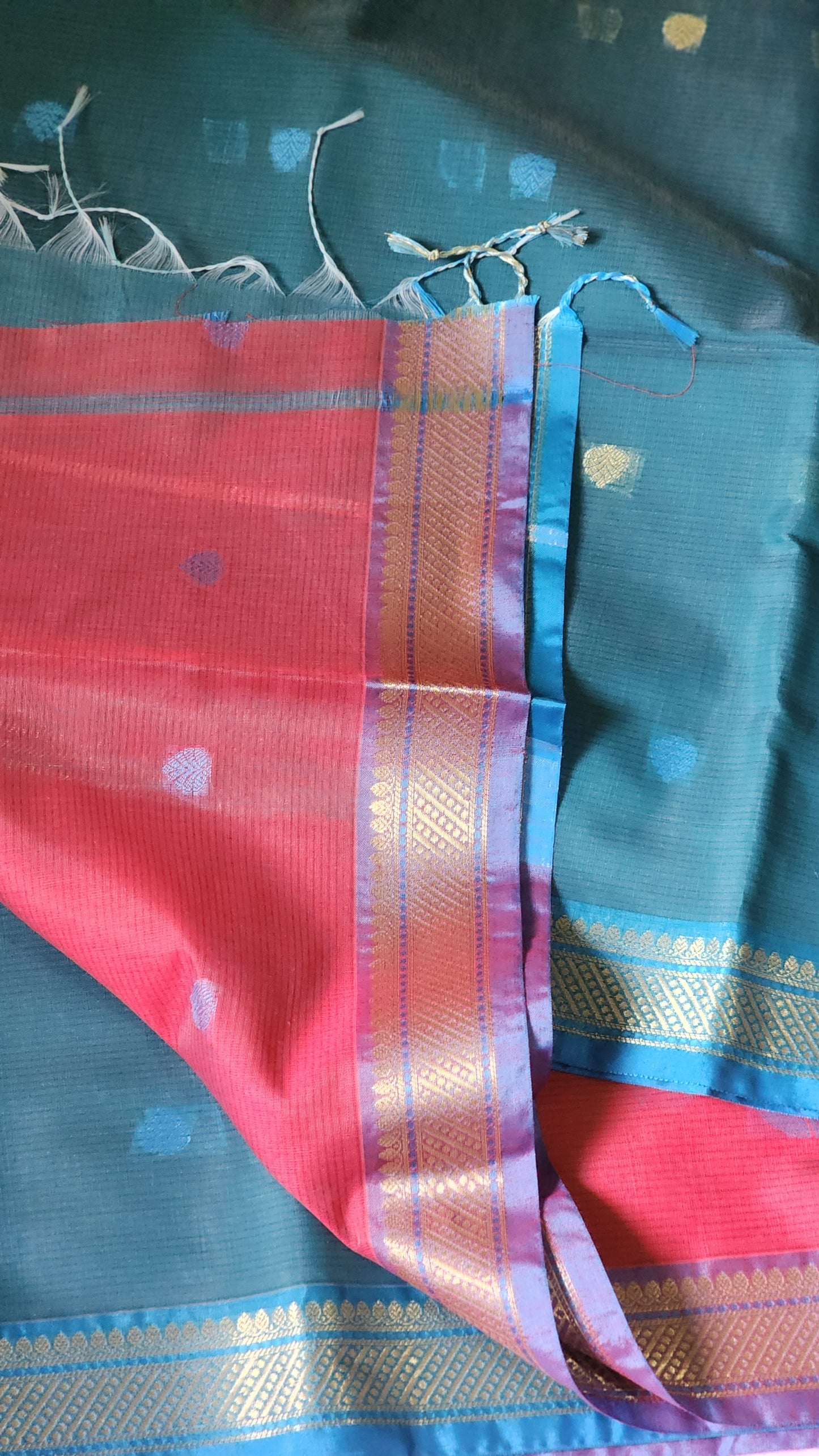 Teal Blue with pink Semi Maheshwari with all over boota
