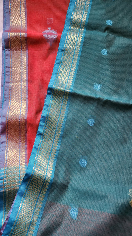 Teal Blue with pink Semi Maheshwari with all over boota