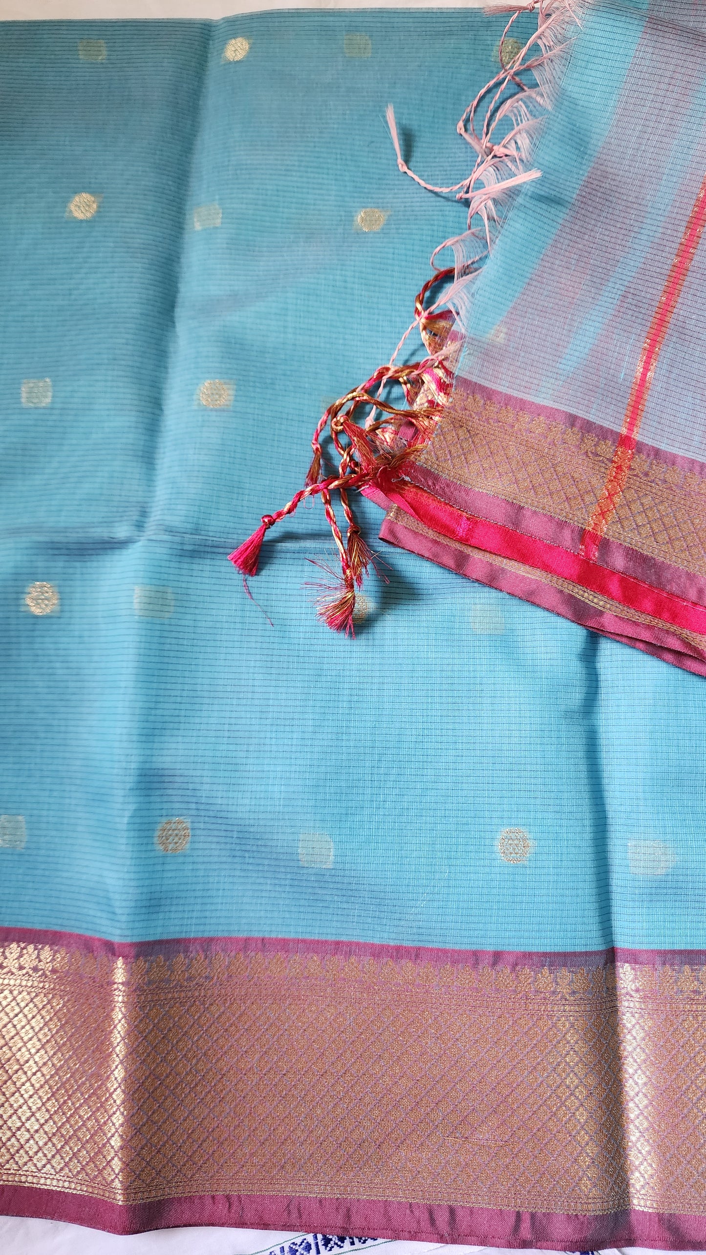 Light Blue and Pink Semi Maheshwari saree