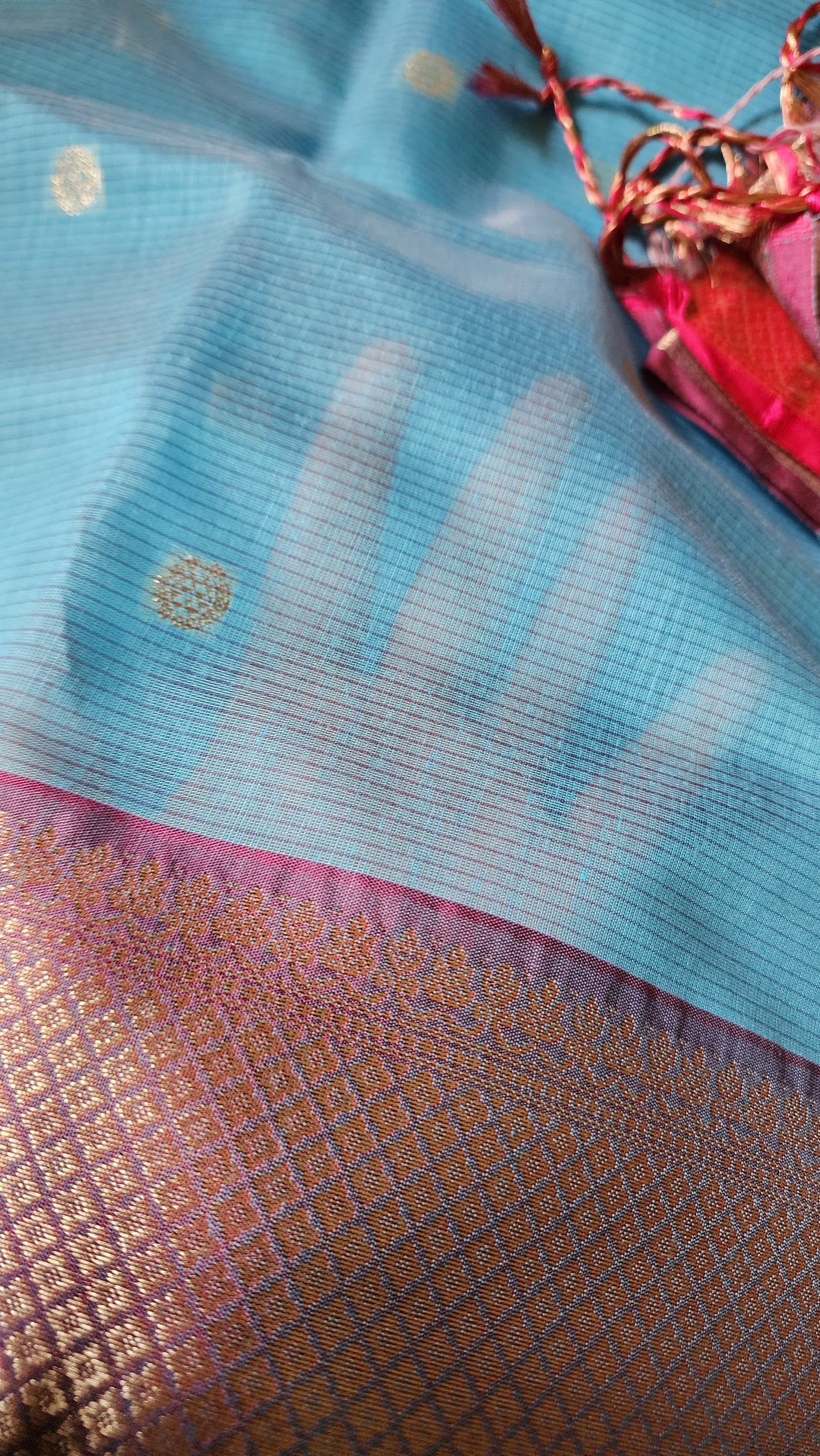 Light Blue and Pink Semi Maheshwari saree