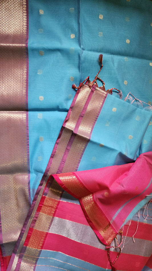 Light Blue and Pink Semi Maheshwari saree