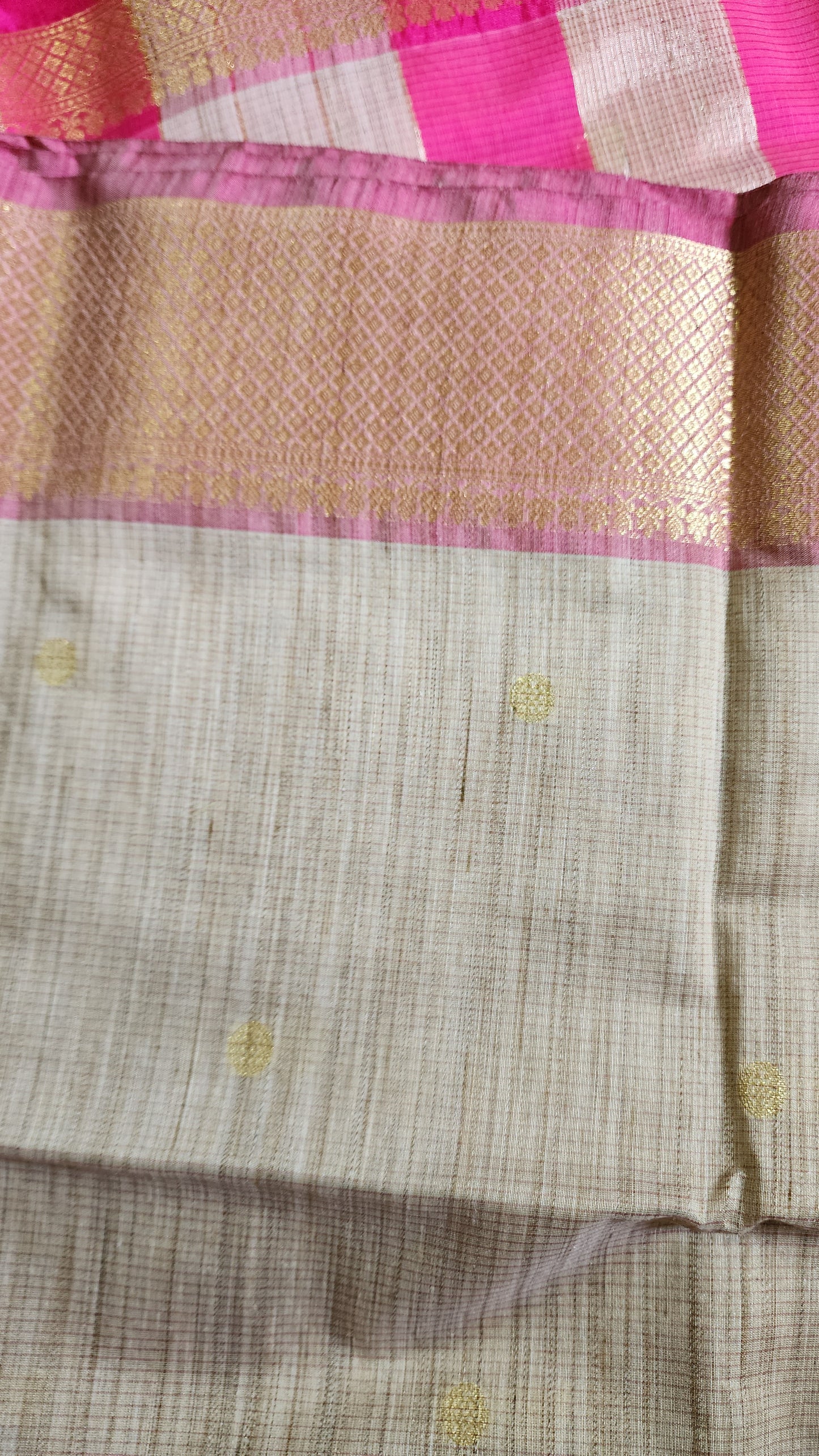 Beige and pink semi Maheshwari saree