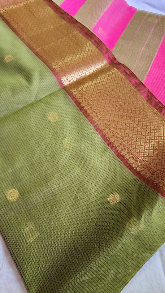 Olive green and pink Semi Maheshwari Saree