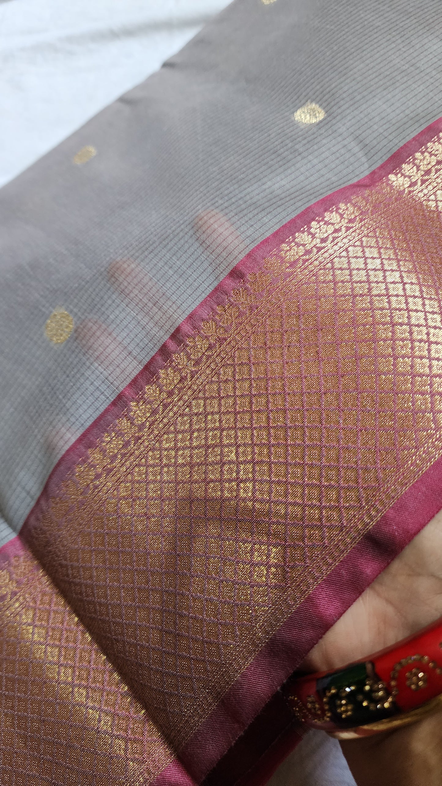 Grey and Pink Semi Maheshwari Saree