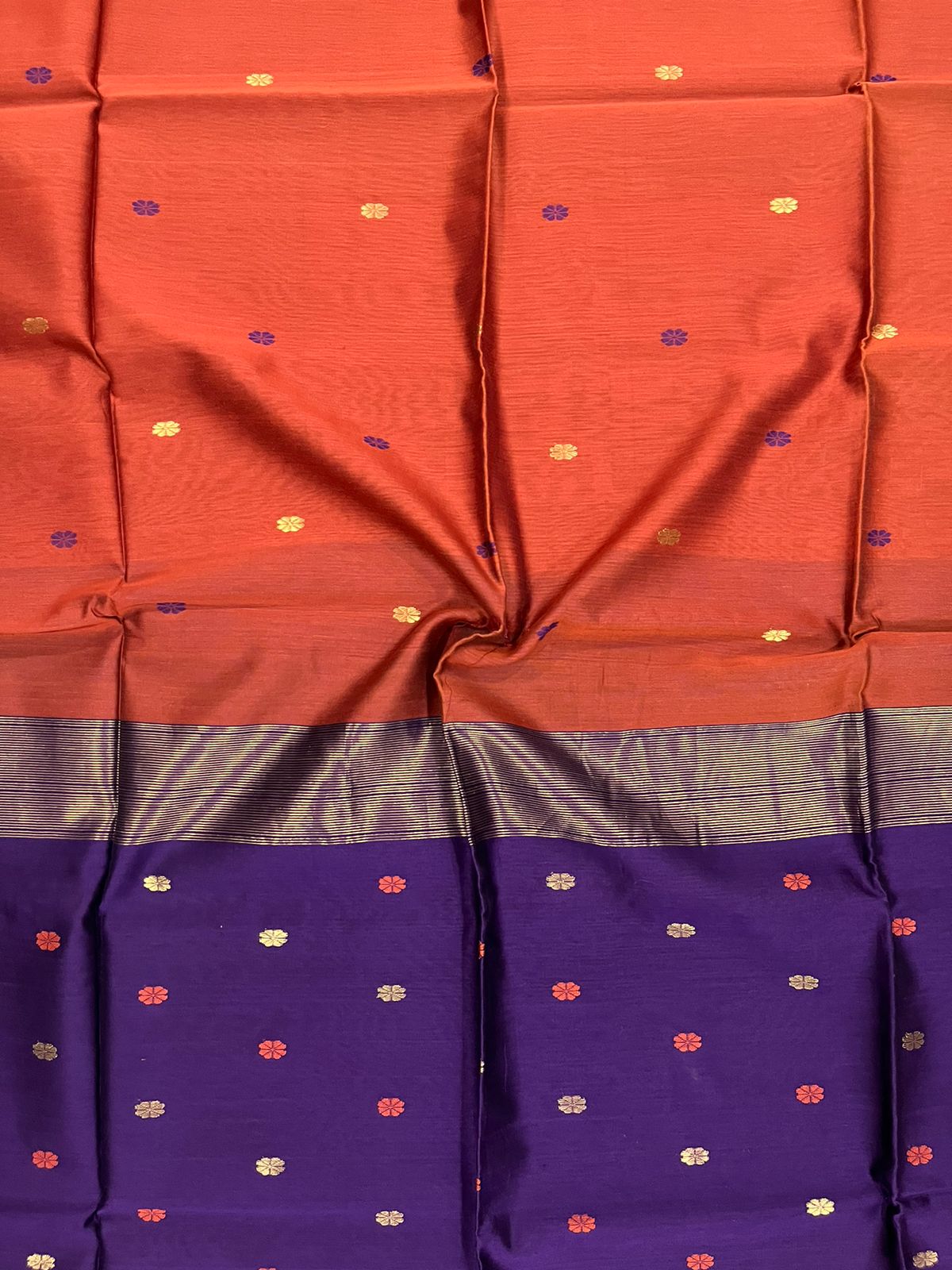 Rusty orange and purple Maheshwar silk cotton saree