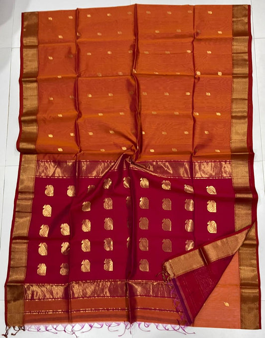 Rusty orange and red Maheshwari silk cotton saree