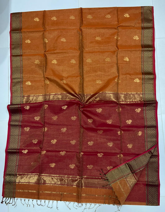 Rusty orange and maroon Maheshwari Tissue silk Saree